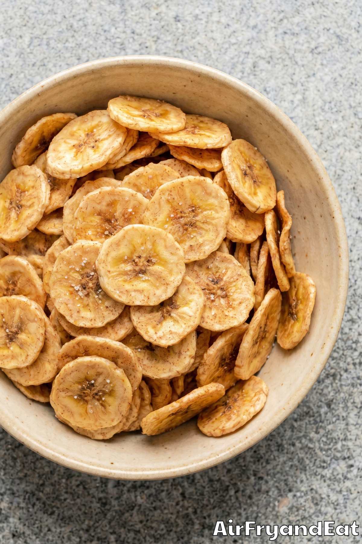 Crispy air fryer banana chips in a bowl