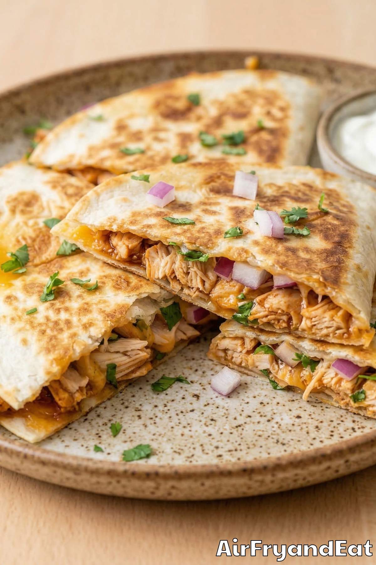 Golden air fryer BBQ chicken quesadillas