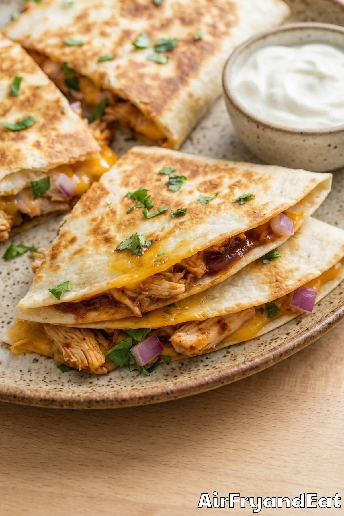 Tender air fryer BBQ chicken quesadillas