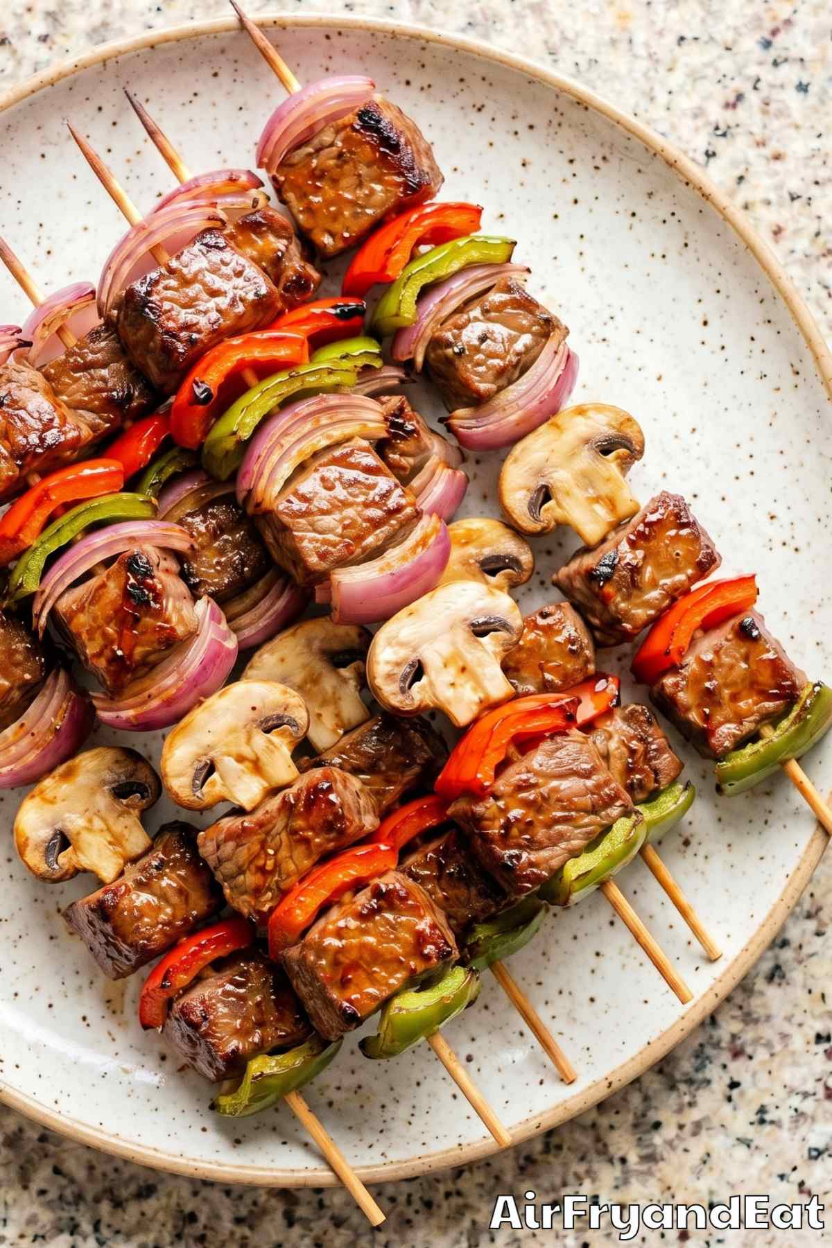 Flavorful air fryer beef kabobs plated