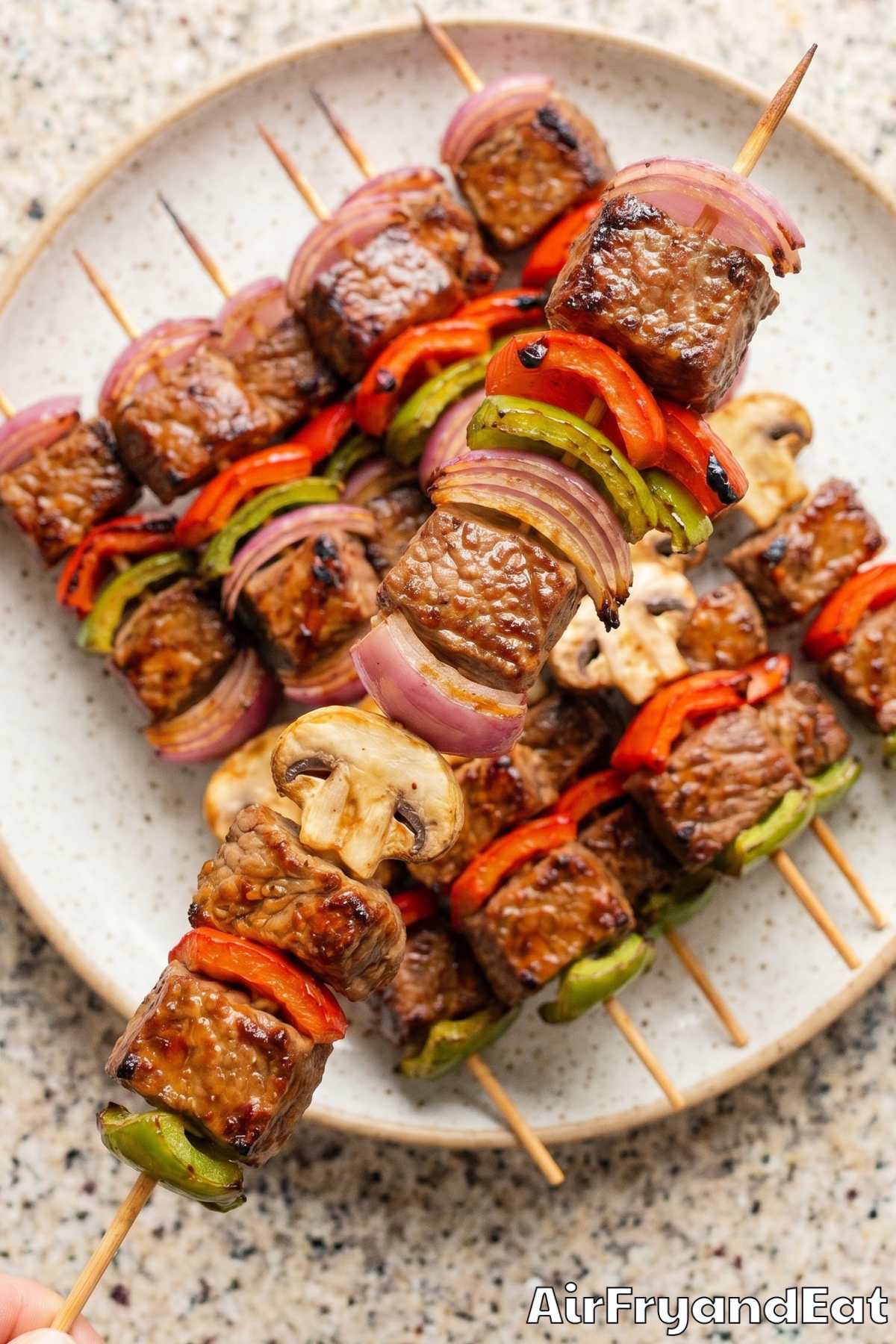 Easy air fryer beef kabobs on skewers