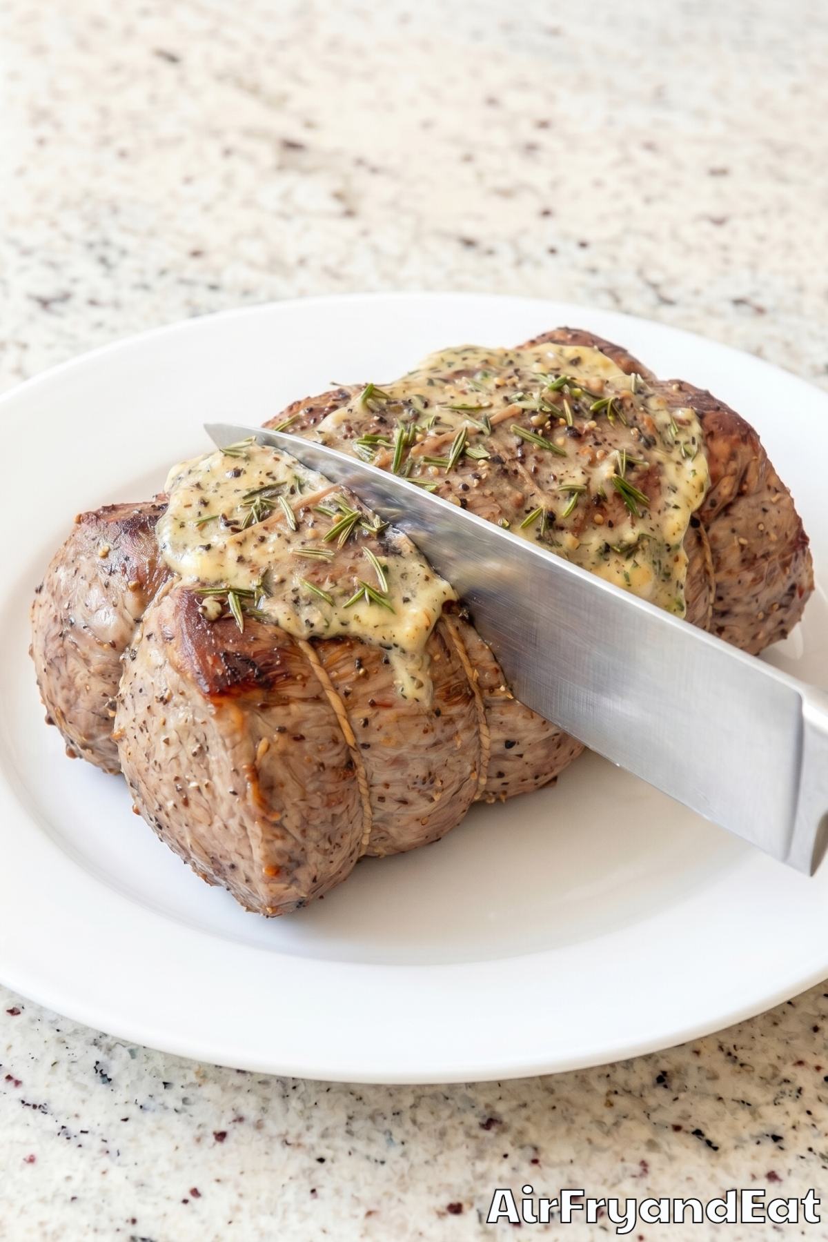 Savory air fryer beef tenderloin close-up