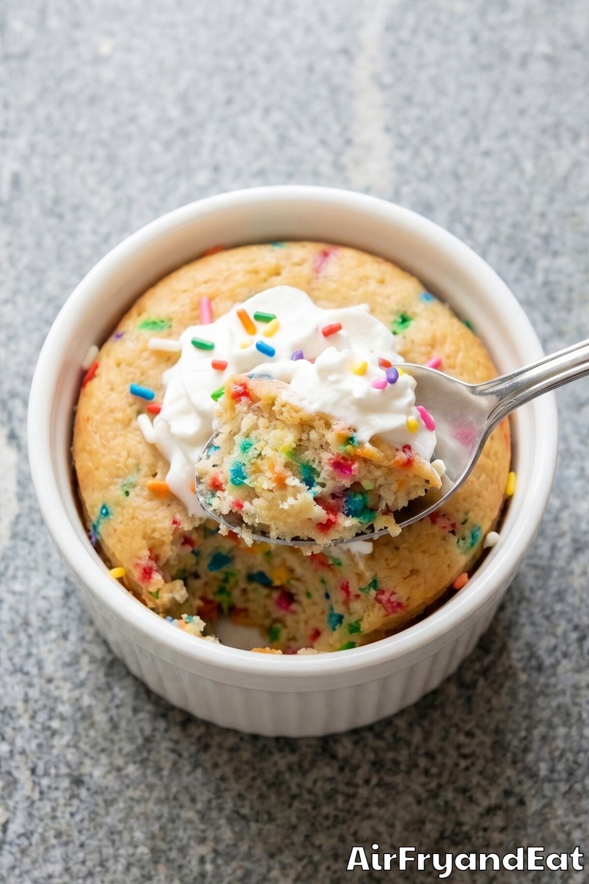 sweet air fryer mug cake with sprinkles
