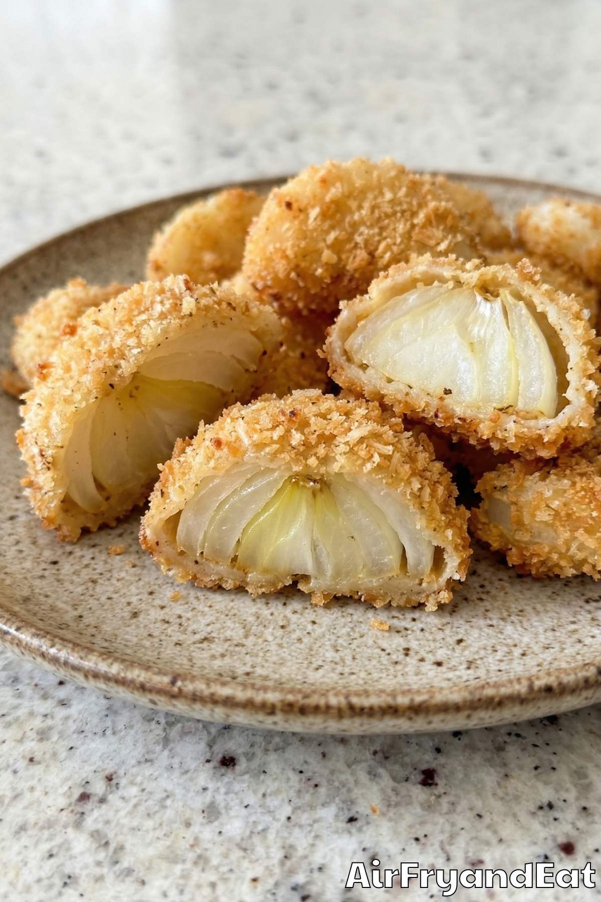Homemade air fryer blooming onion bites plated