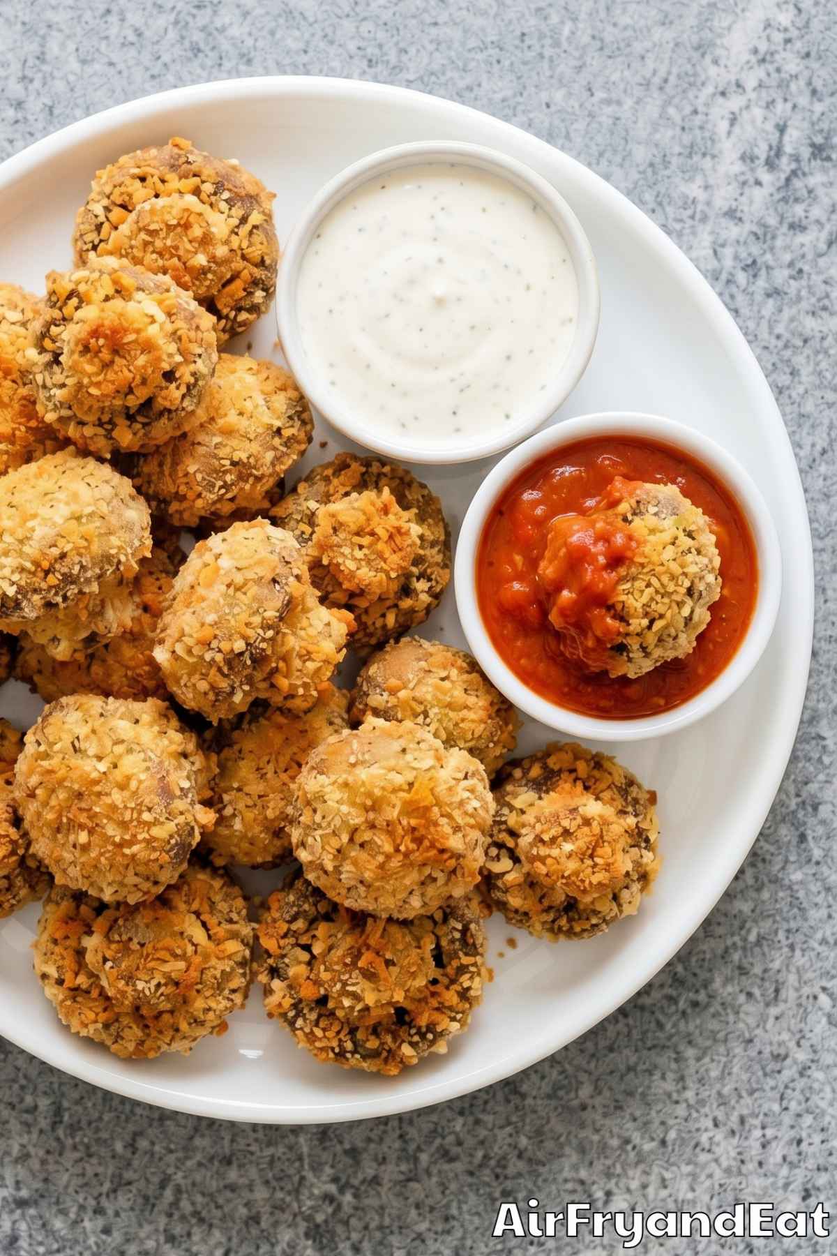 Savory air fryer breaded mushrooms piled high