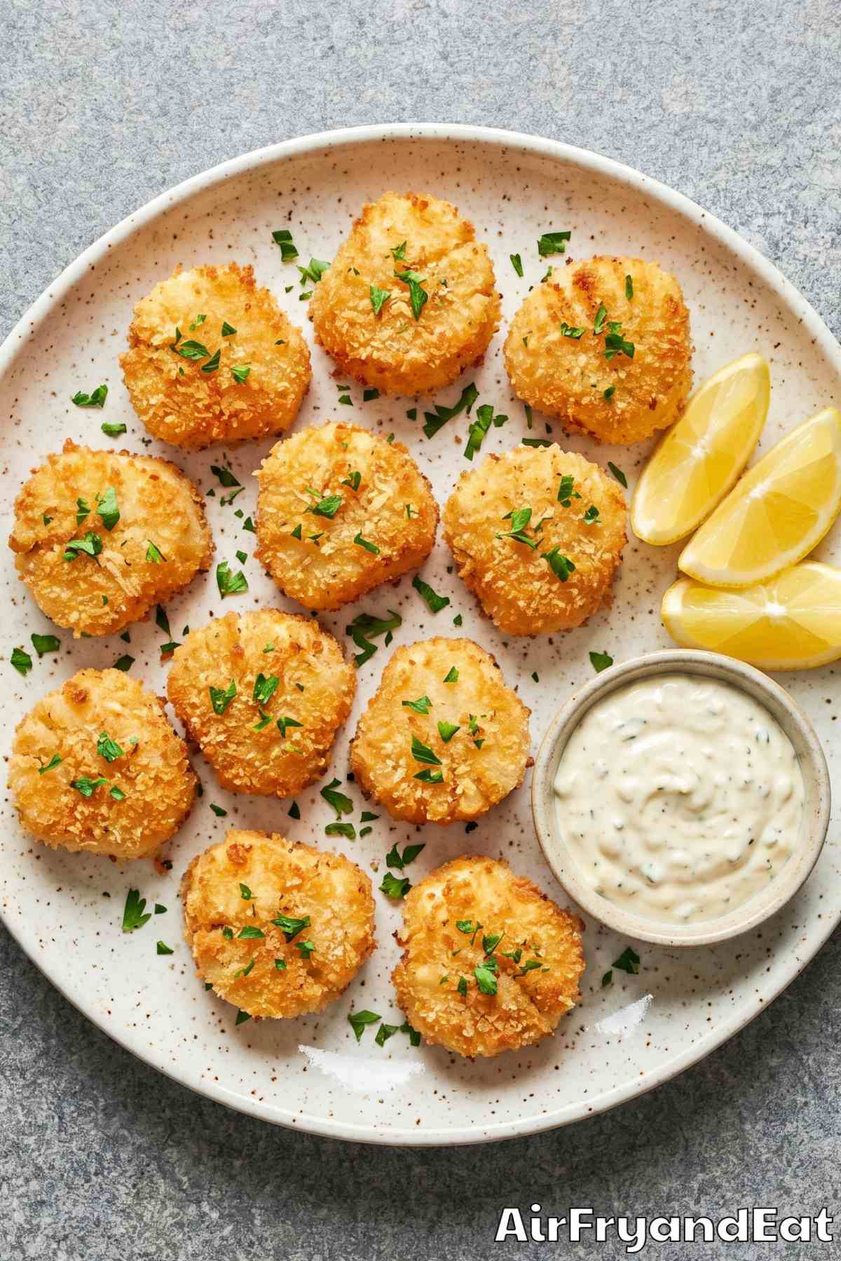 easy air fryer breaded scallops on a platter