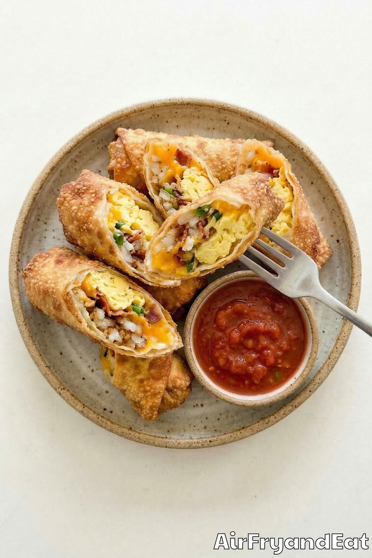 Crunchy air fryer breakfast egg rolls stacked up
