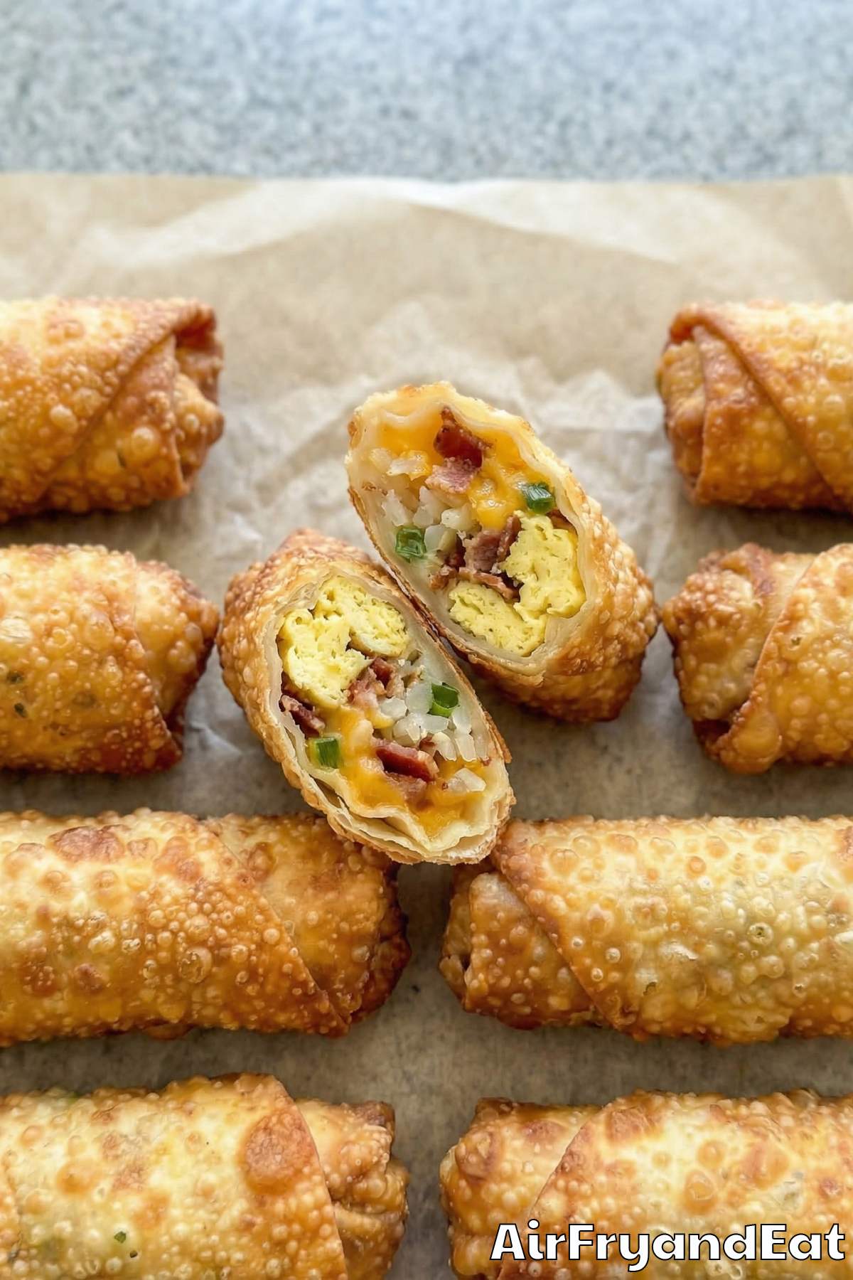 Hearty air fryer breakfast egg rolls close-up