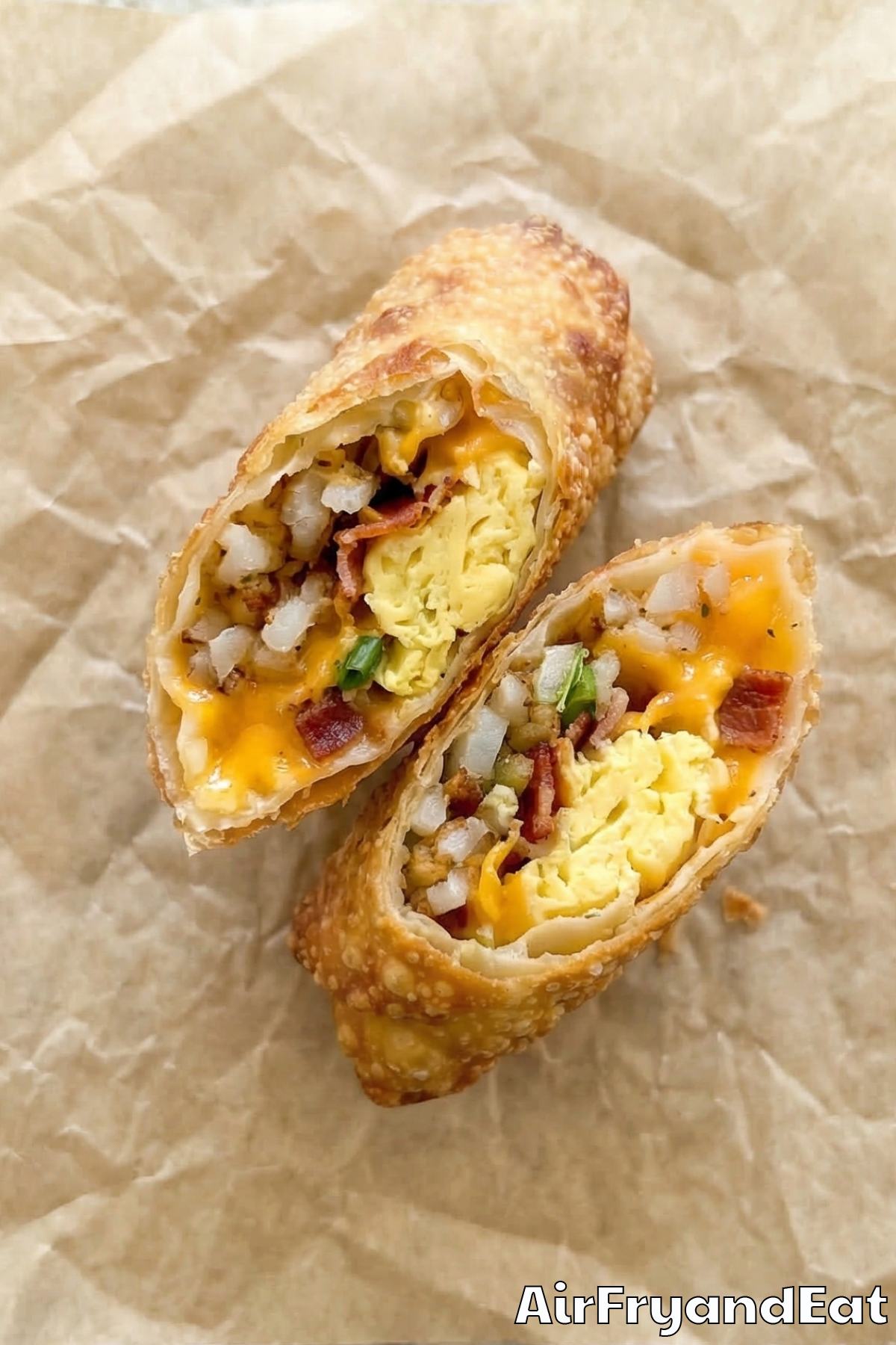 Homemade air fryer breakfast egg rolls plated