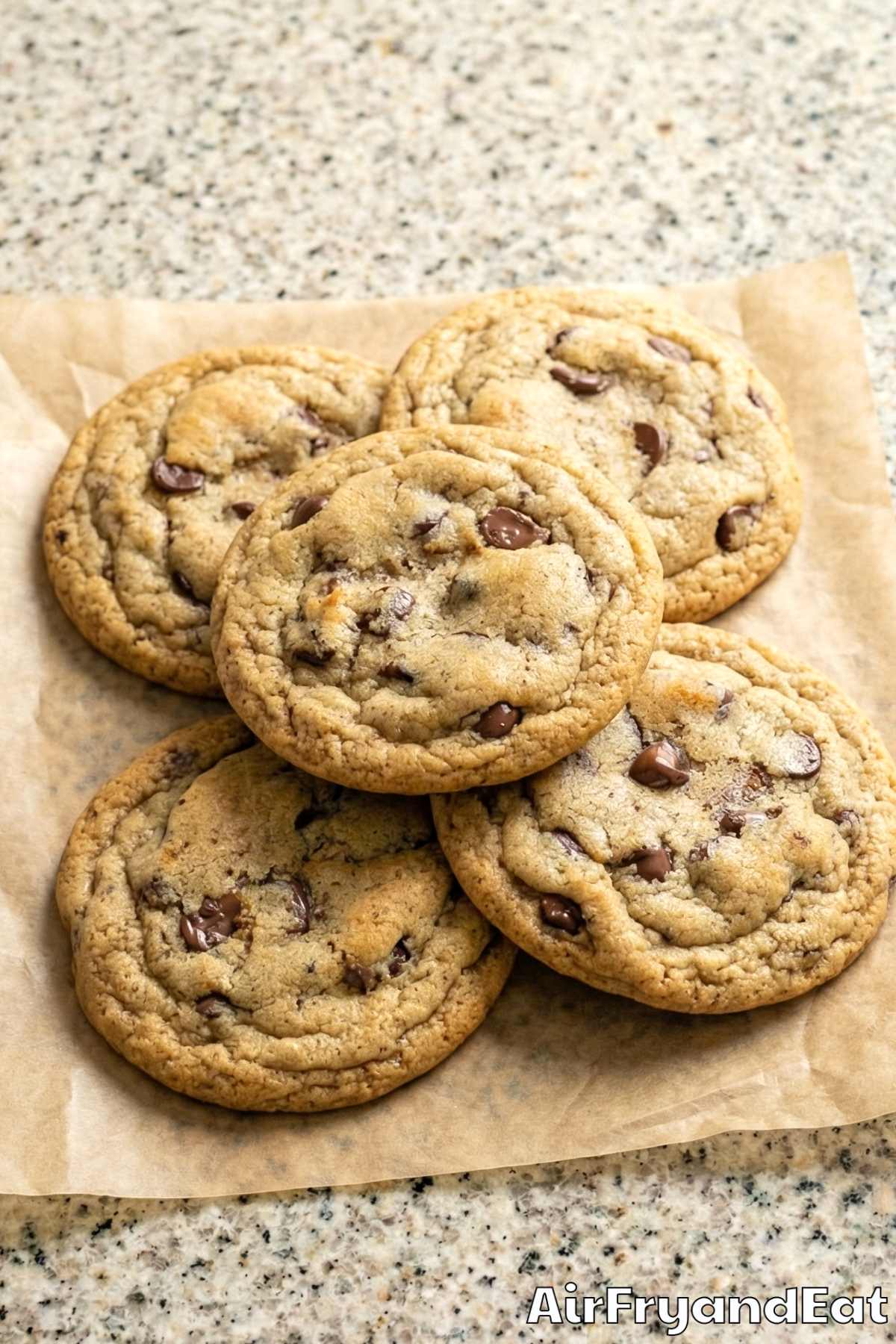Perfect air fryer chocolate chip cookies stacked