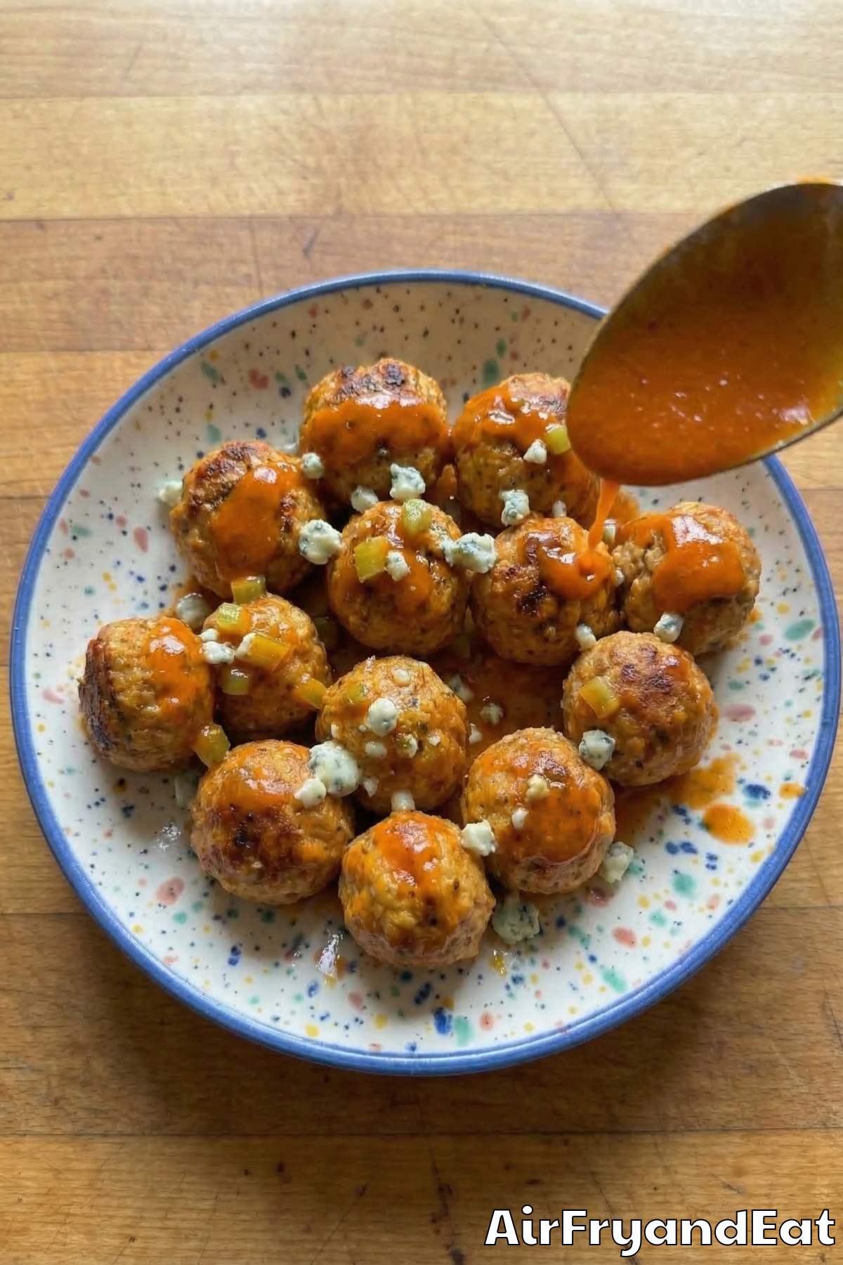 Saucy air fryer buffalo chicken meatballs