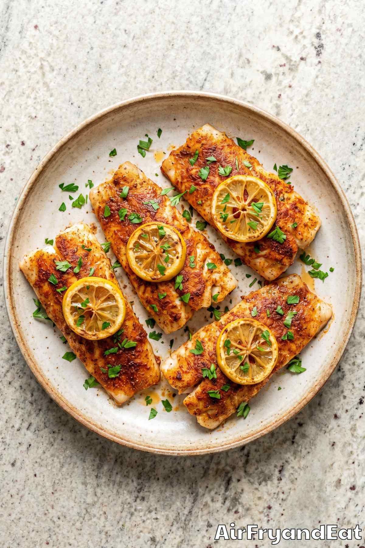 tender air fryer cajun cod on a plate