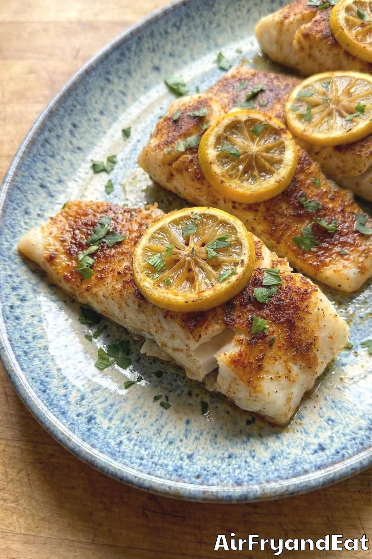 Crispy air fryer Cajun cod fillets on a plate