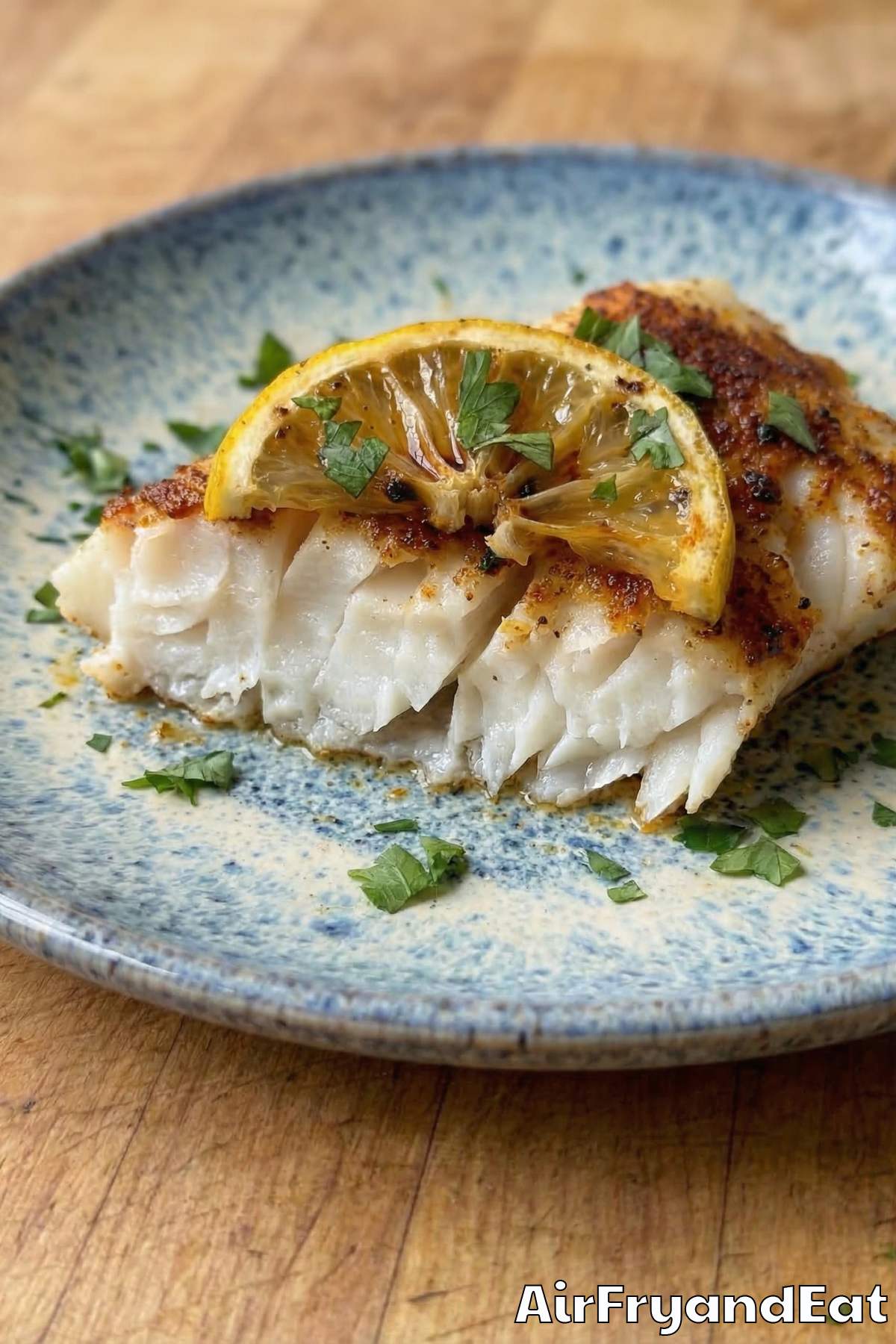 Savory air fryer Cajun cod fillets on a platter