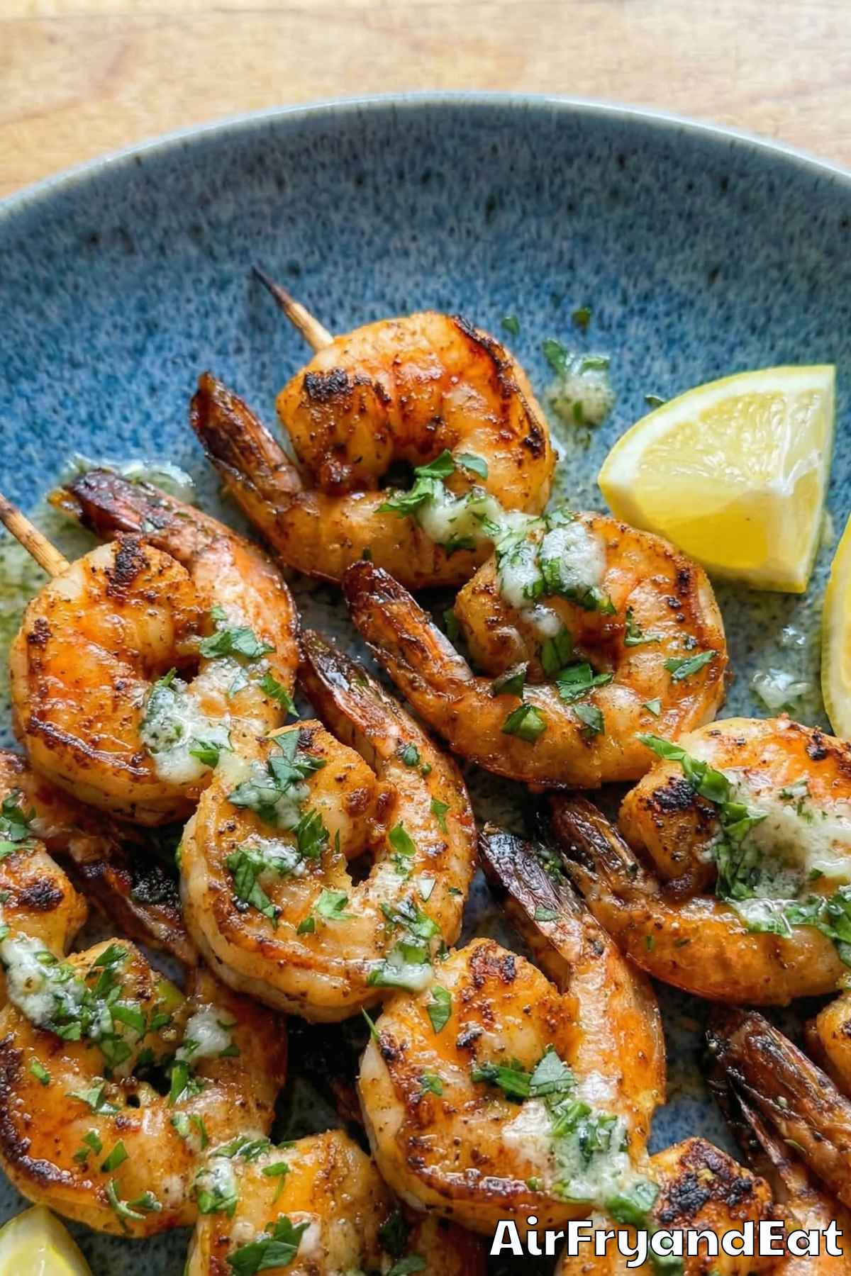 Tender air fryer Cajun shrimp skewers plated up