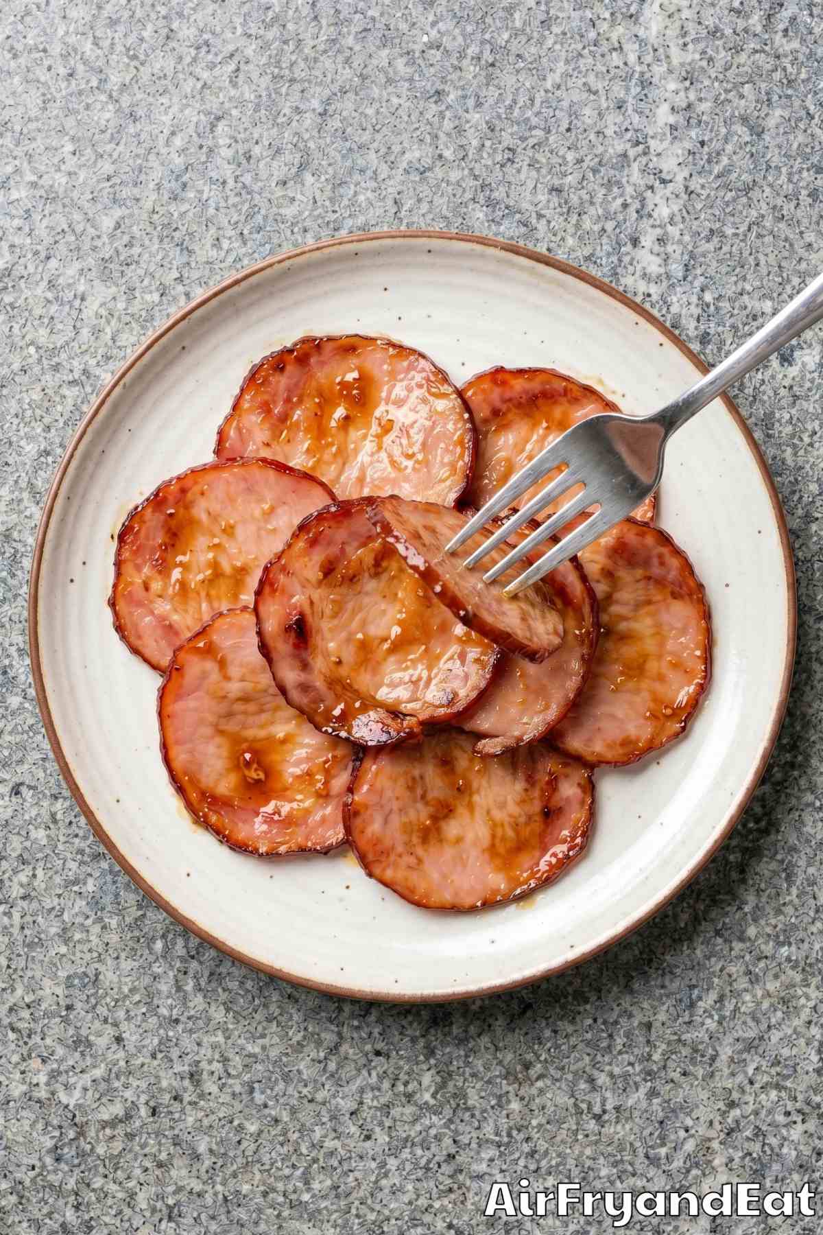 Juicy air fryer Canadian bacon close-up