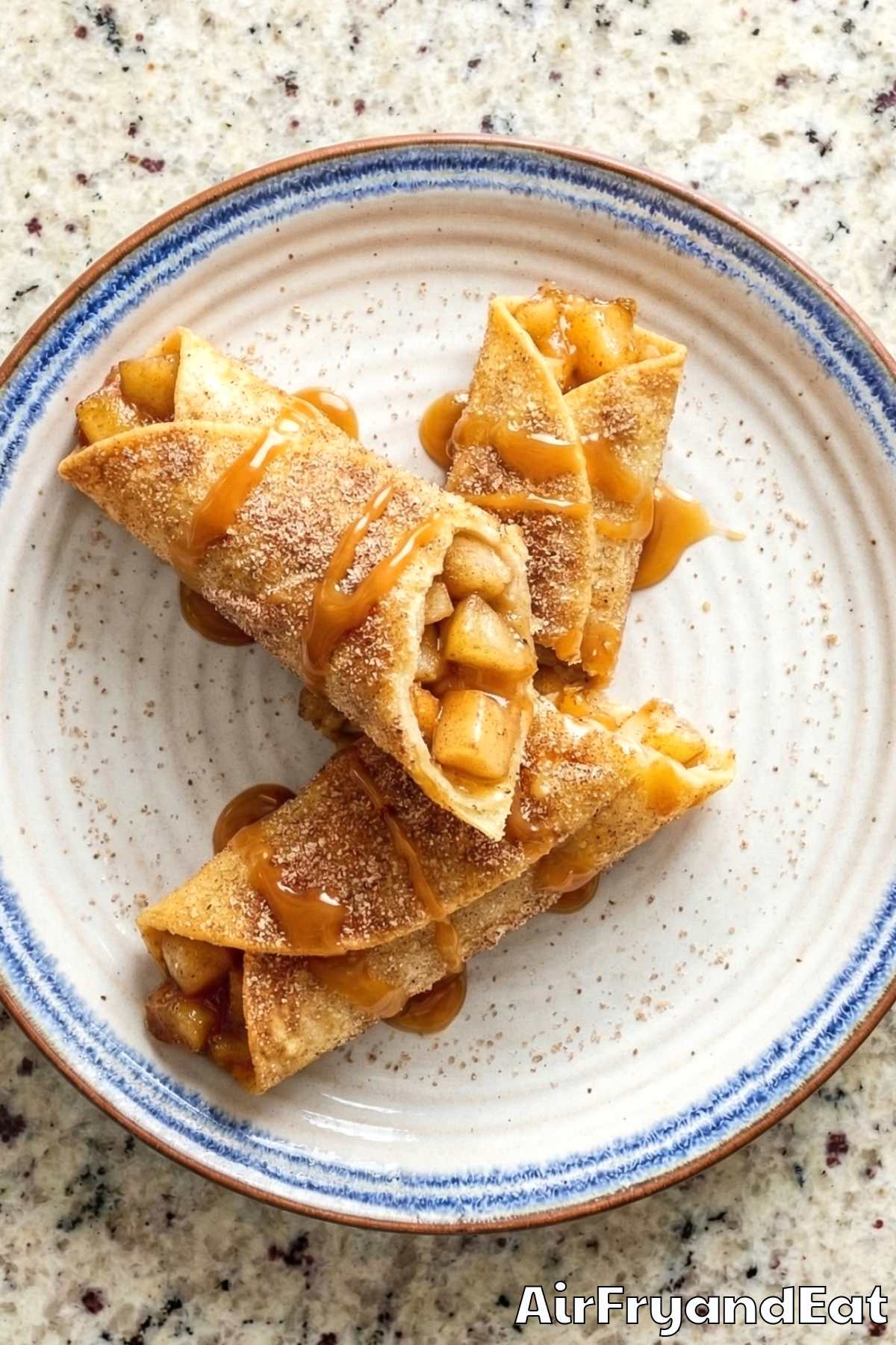 Decadent air fryer caramel apple pie taquitos