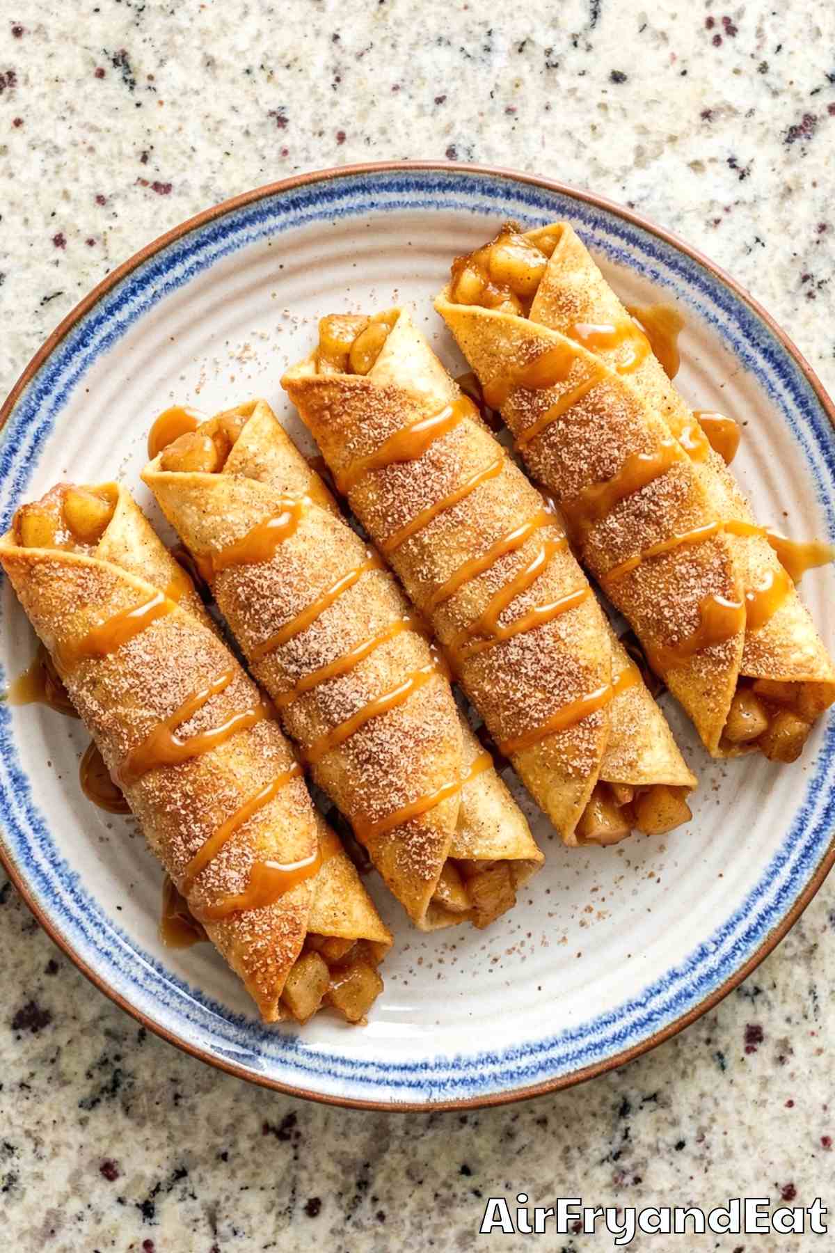 Crunchy air fryer caramel apple pie taquitos