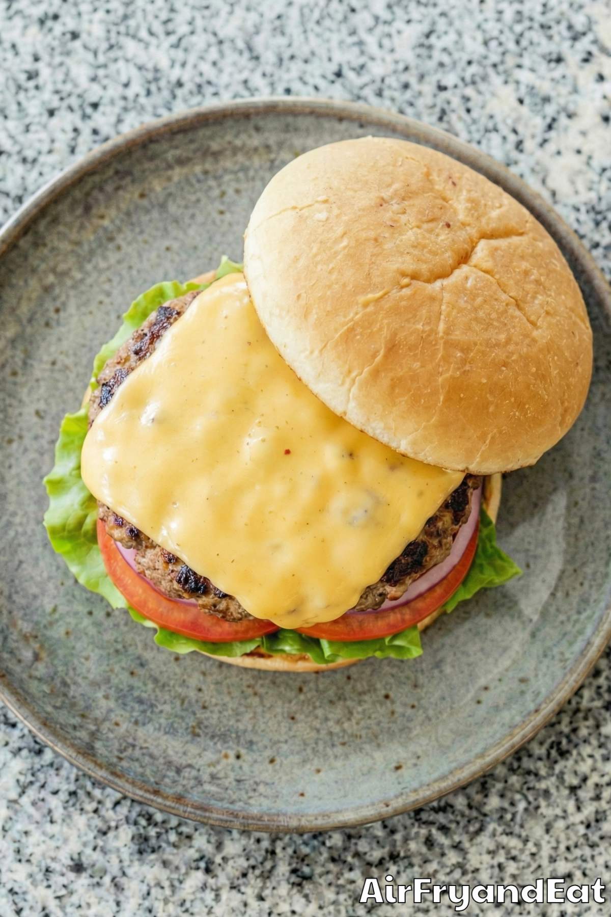Hearty air fryer cheeseburgers with toppings