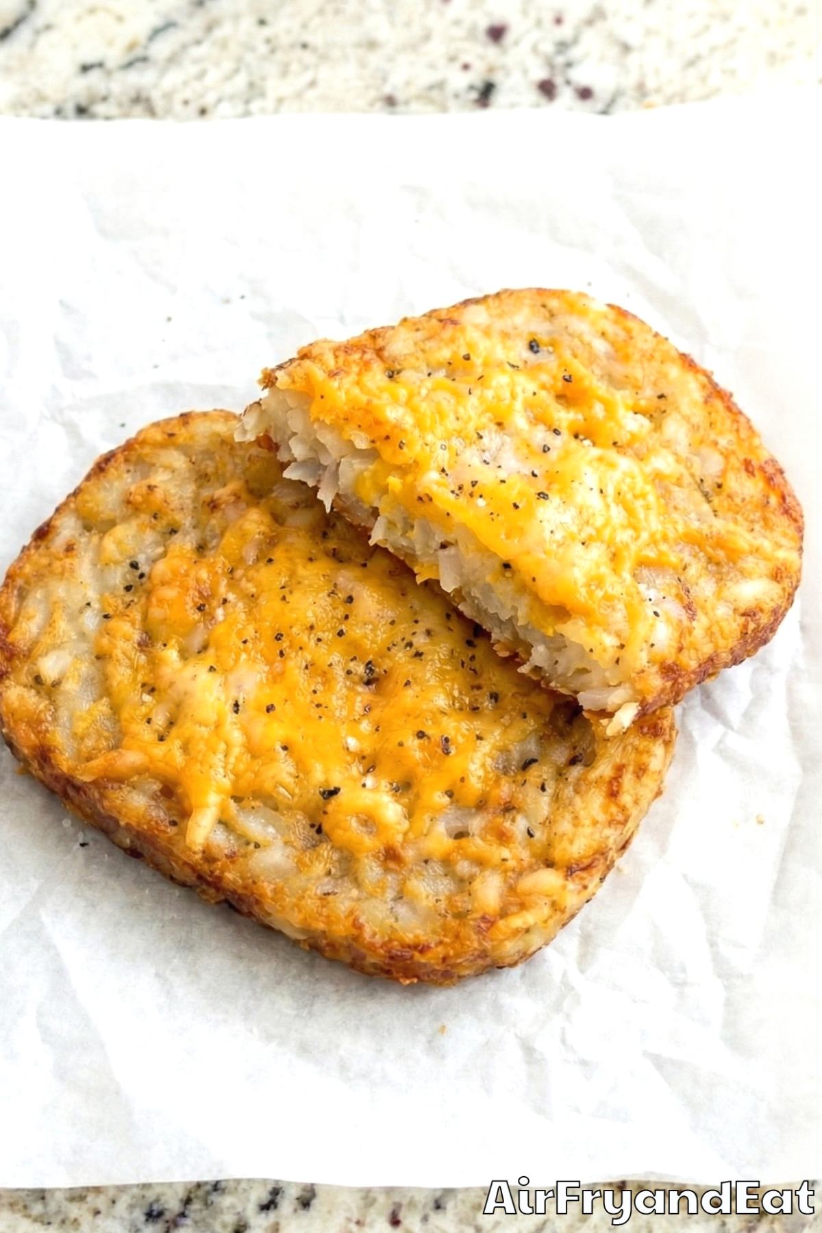 Air fryer cheesy hash brown patties on a plate