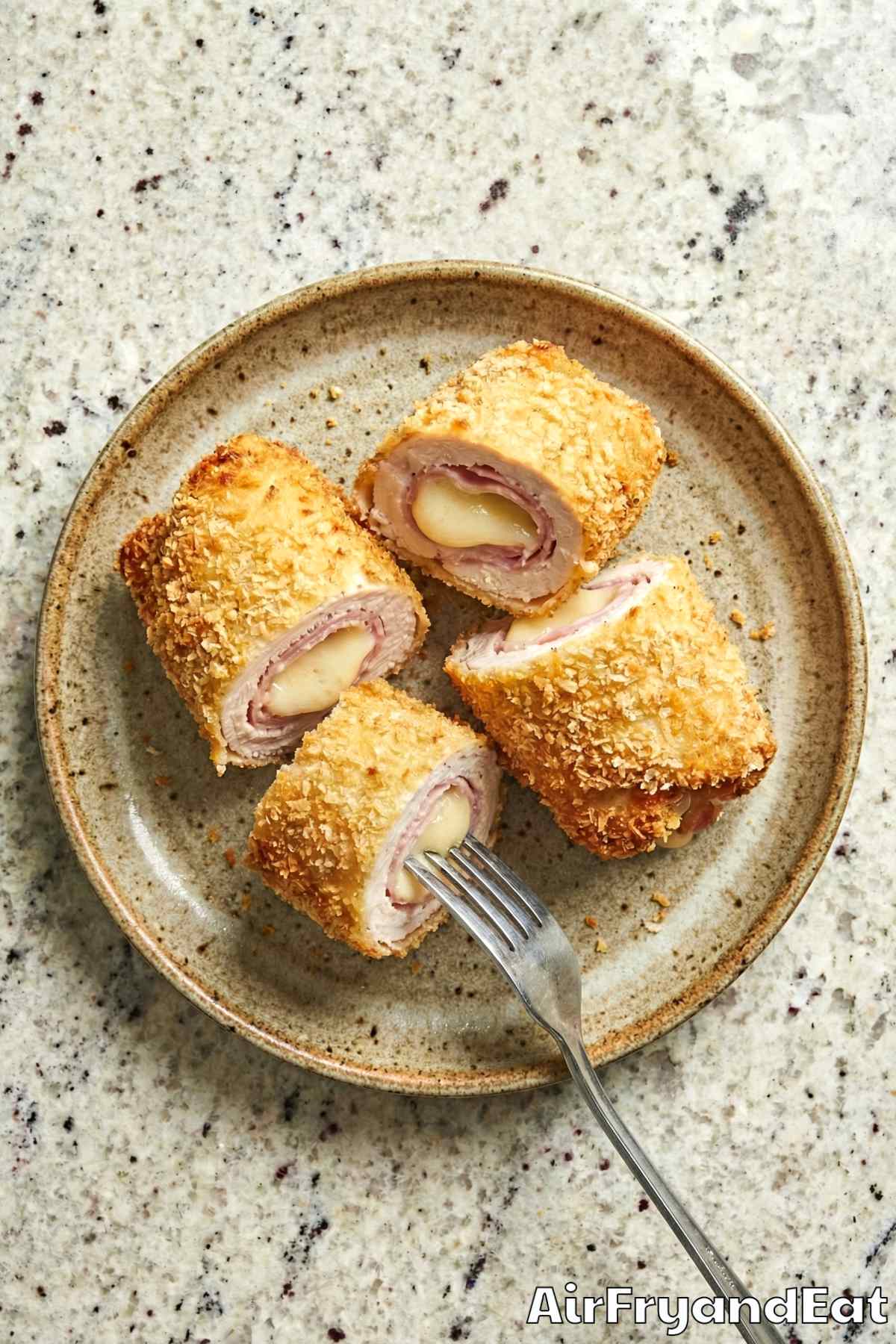 Tender air fryer chicken cordon bleu closeup