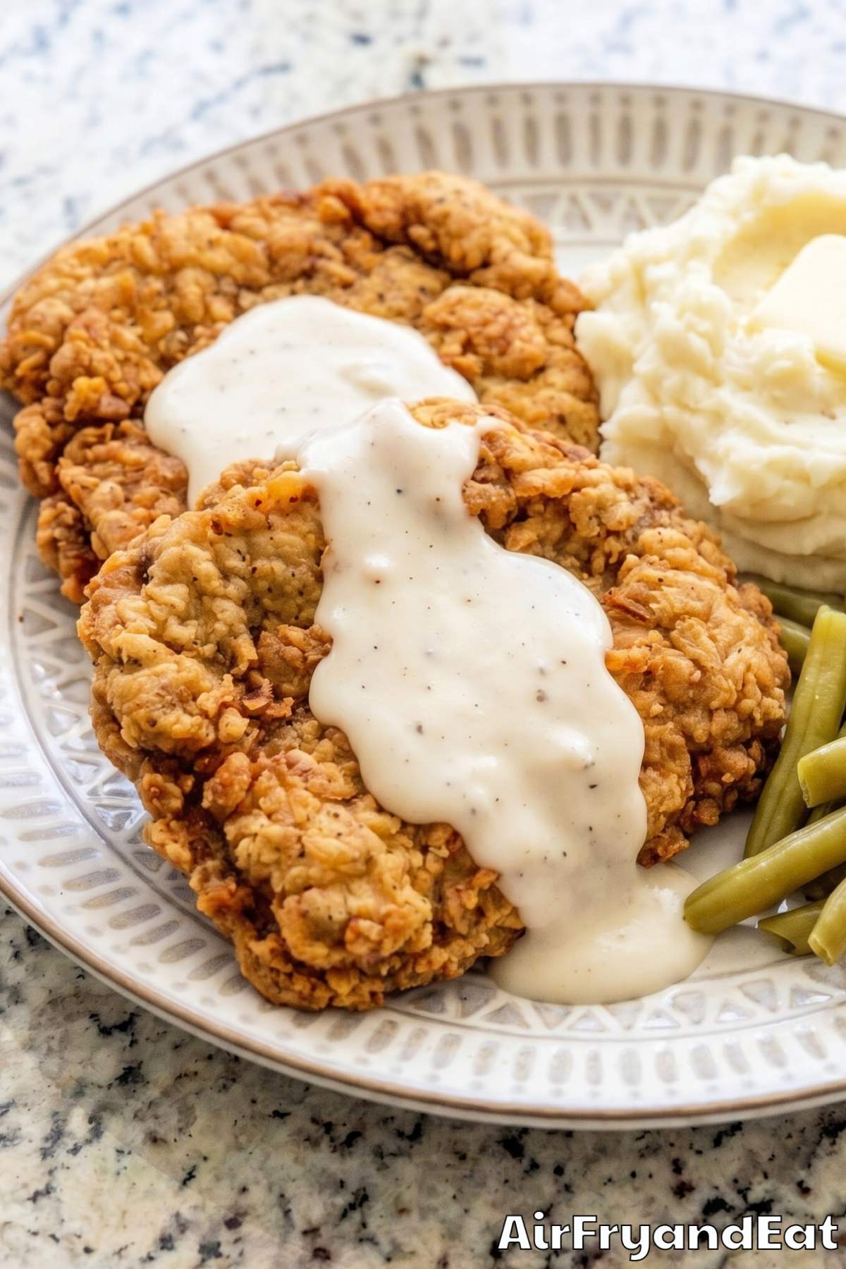 Savory air fryer chicken fried steak closeup