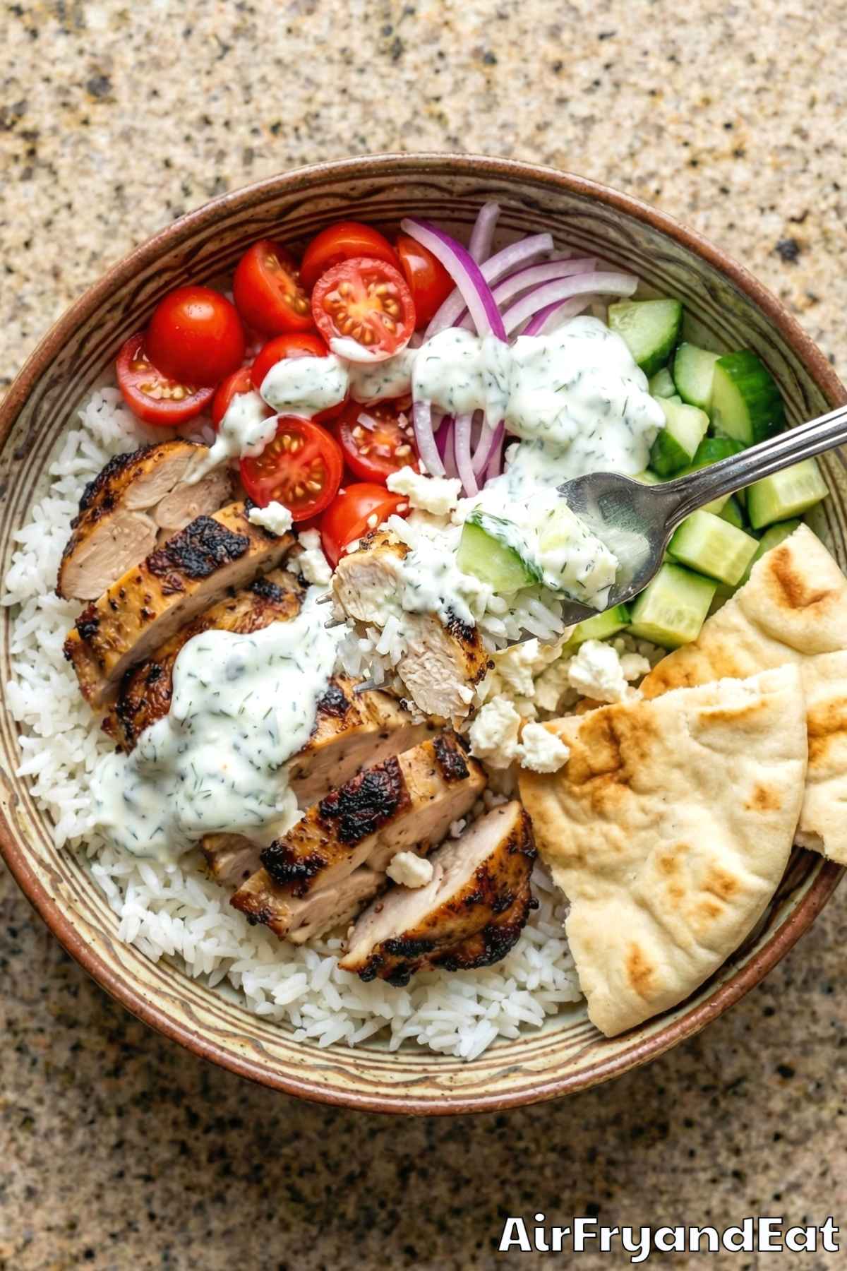 Tender air fryer chicken gyro bowl