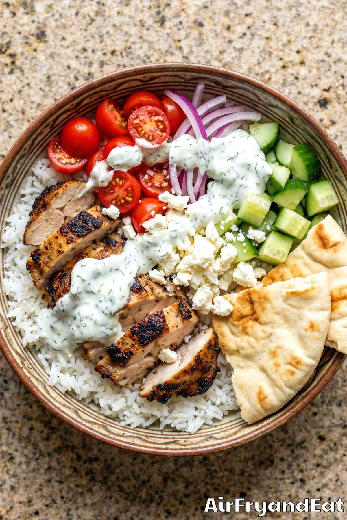 Crispy air fryer chicken gyro bowl