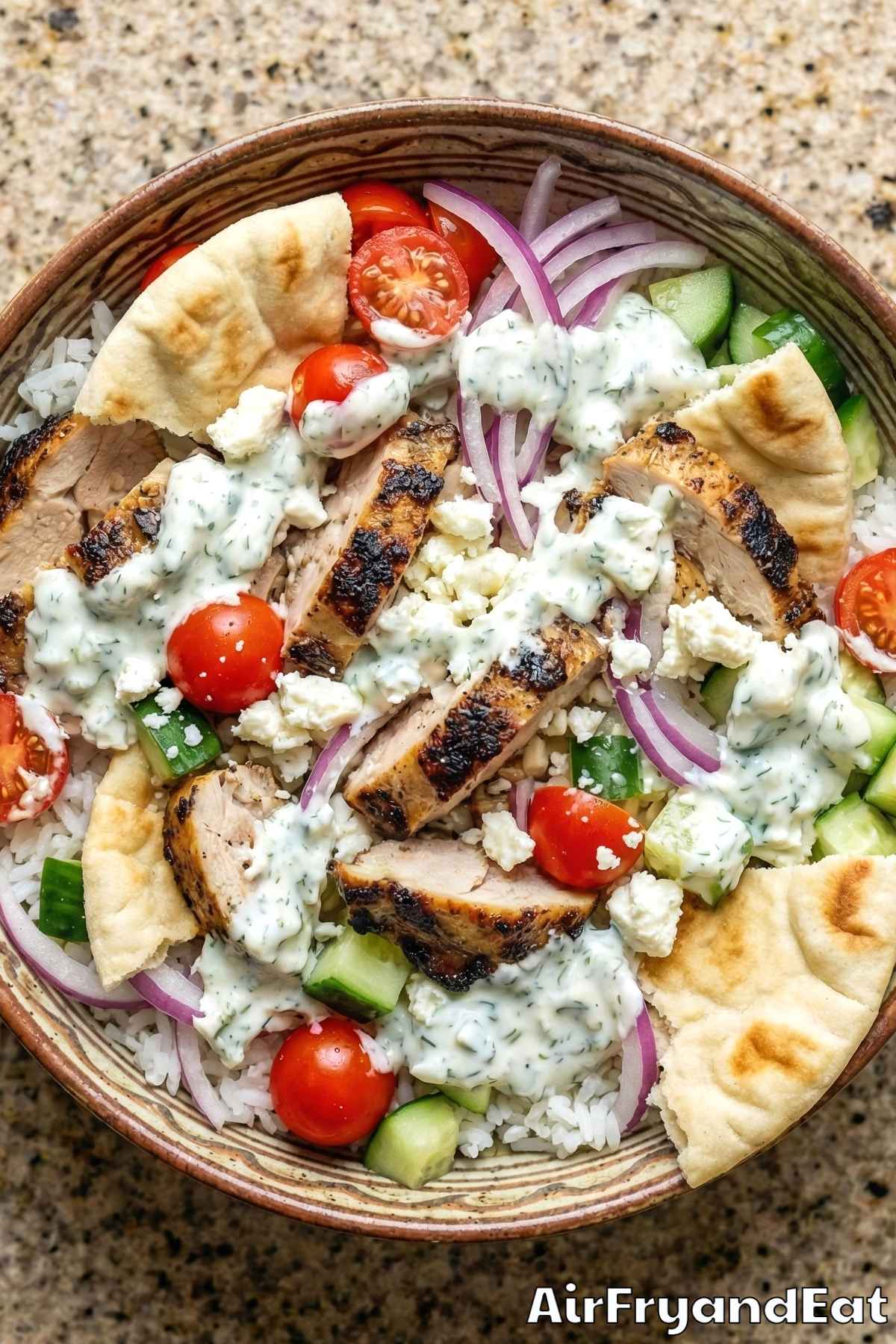 Savory air fryer chicken gyro bowl