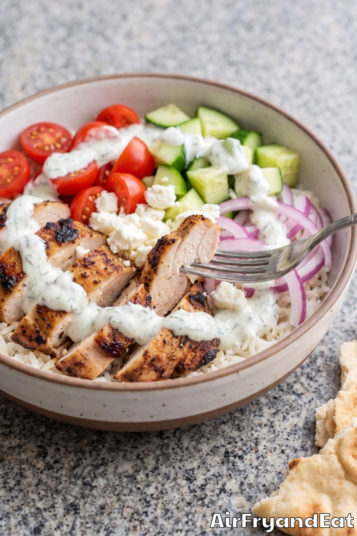 Juicy gyro chicken bowl fresh from air fryer