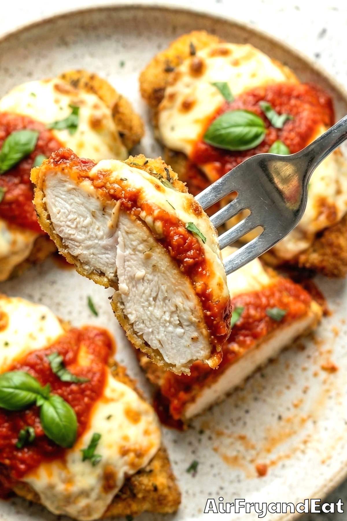 Tender air fryer chicken parmesan with marinara