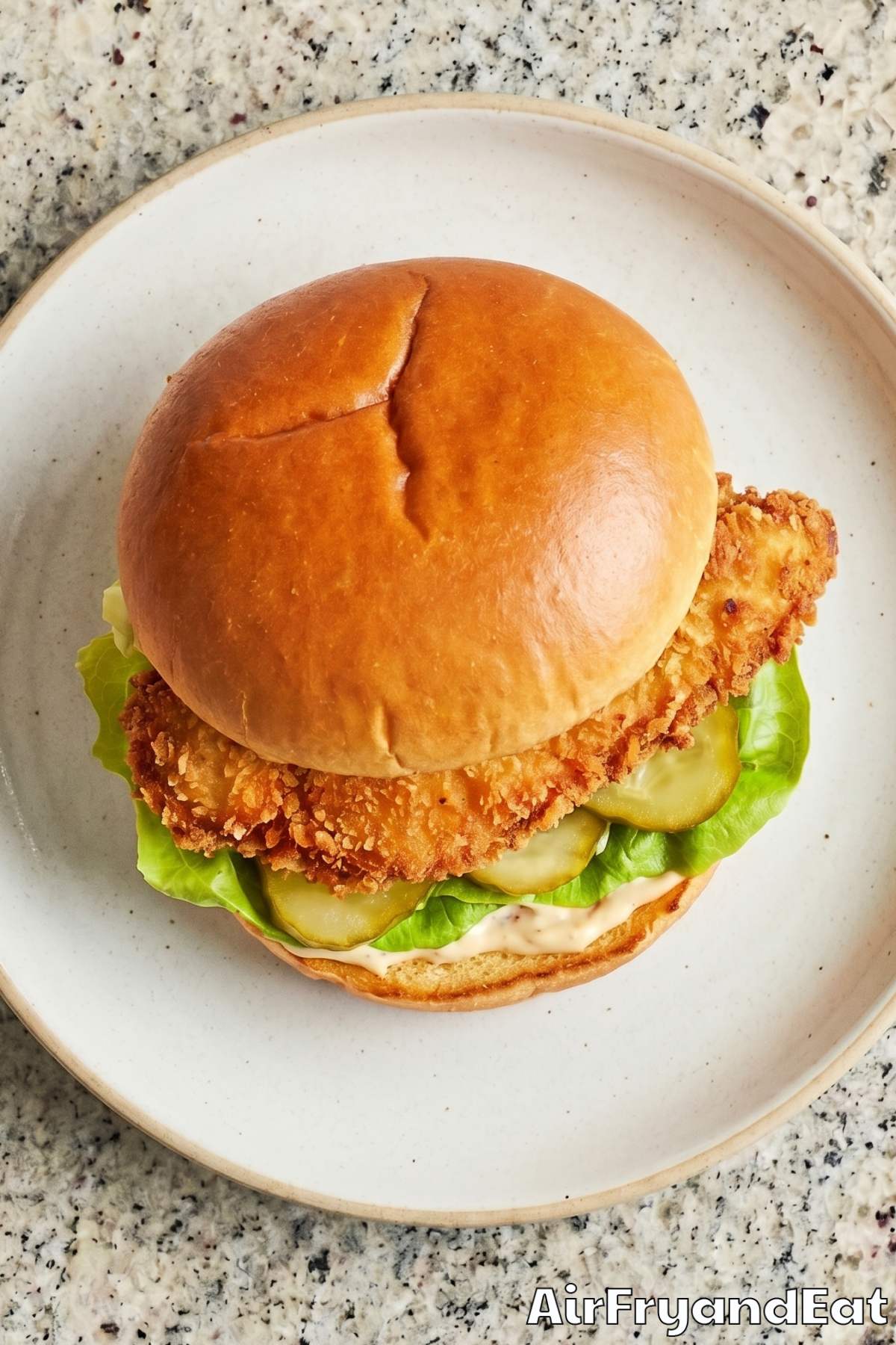 Tender air fryer chicken sandwich on a bun