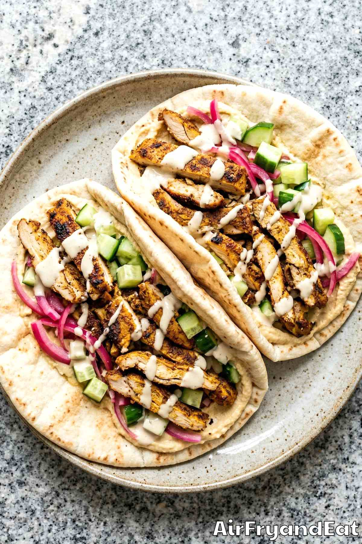 Warm air fryer chicken shawarma wraps