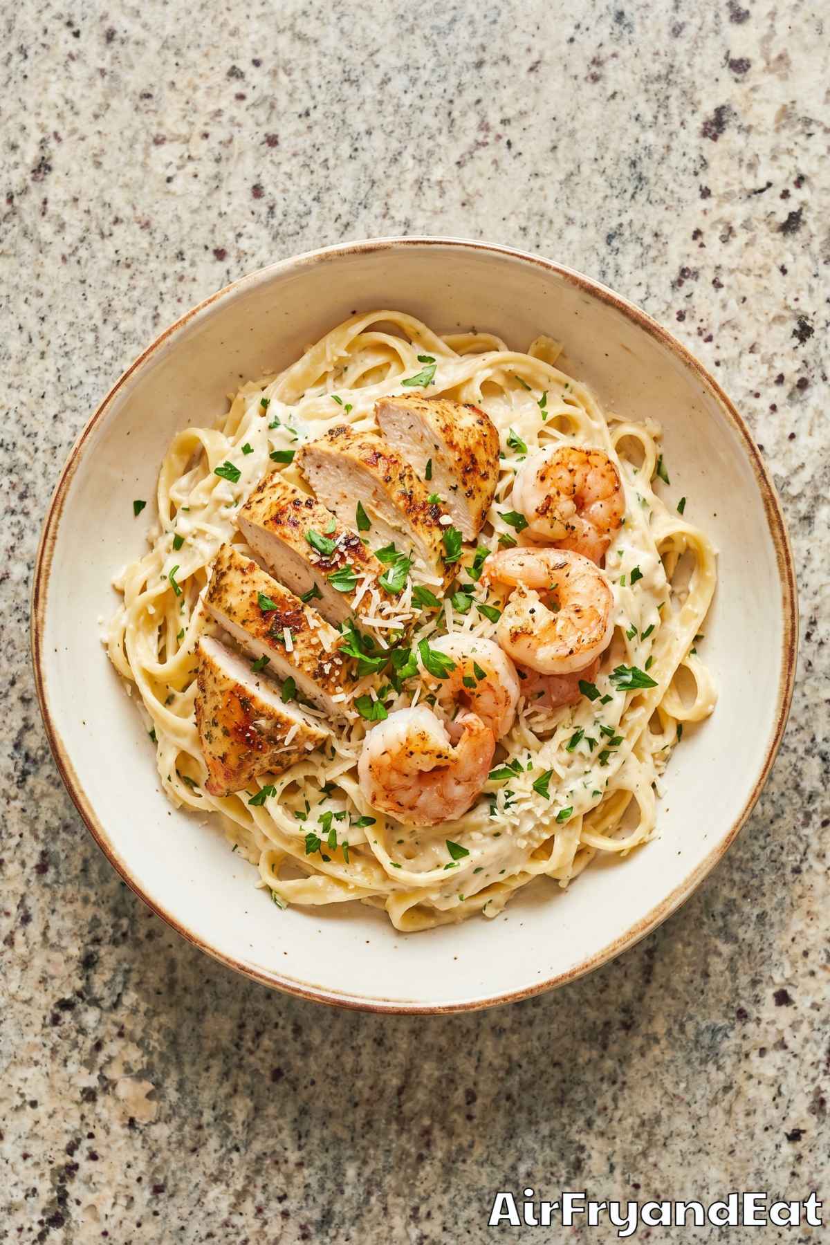 Easy air fryer chicken & shrimp alfredo