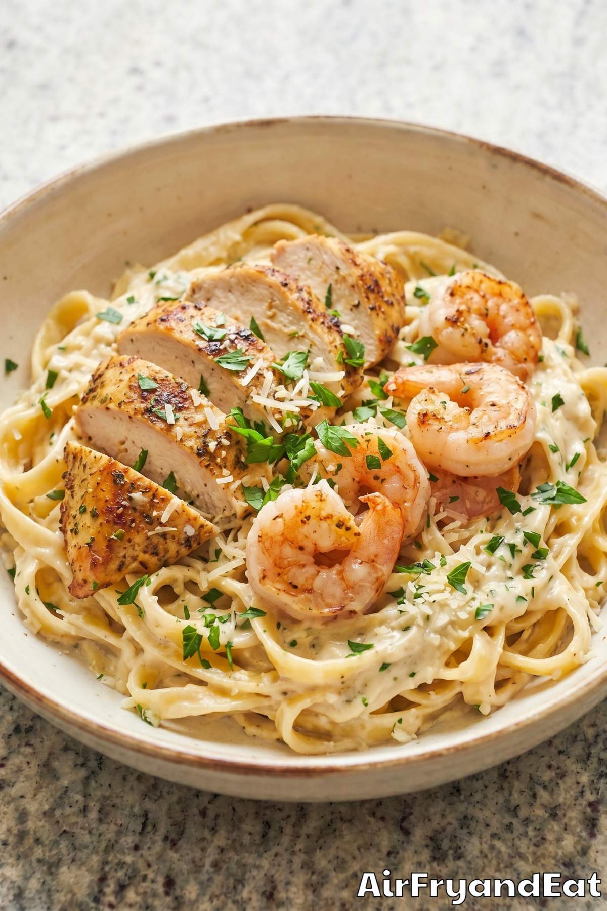 Hearty air fryer chicken & shrimp alfredo
