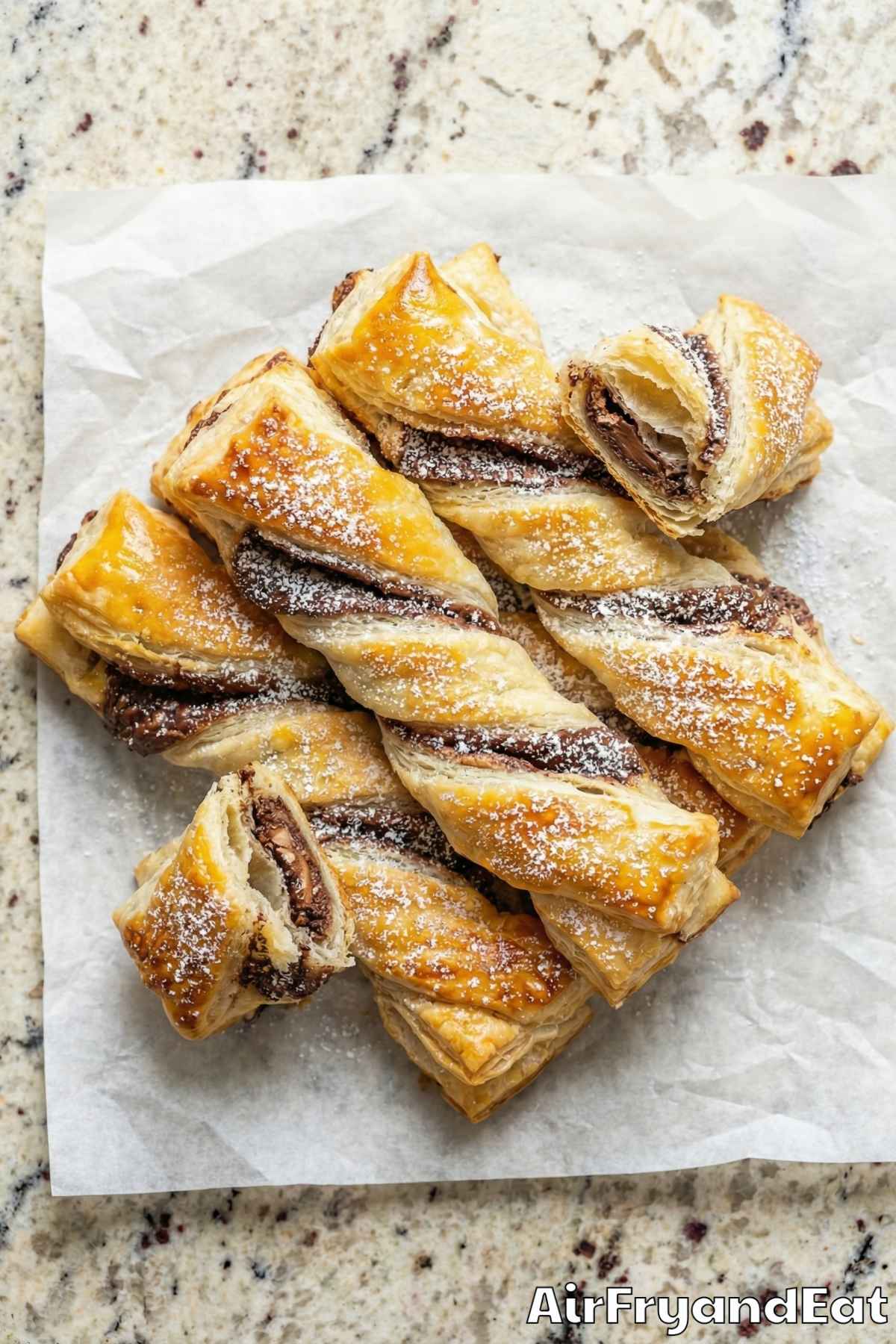 Warm chocolate hazelnut pastry twists close-up