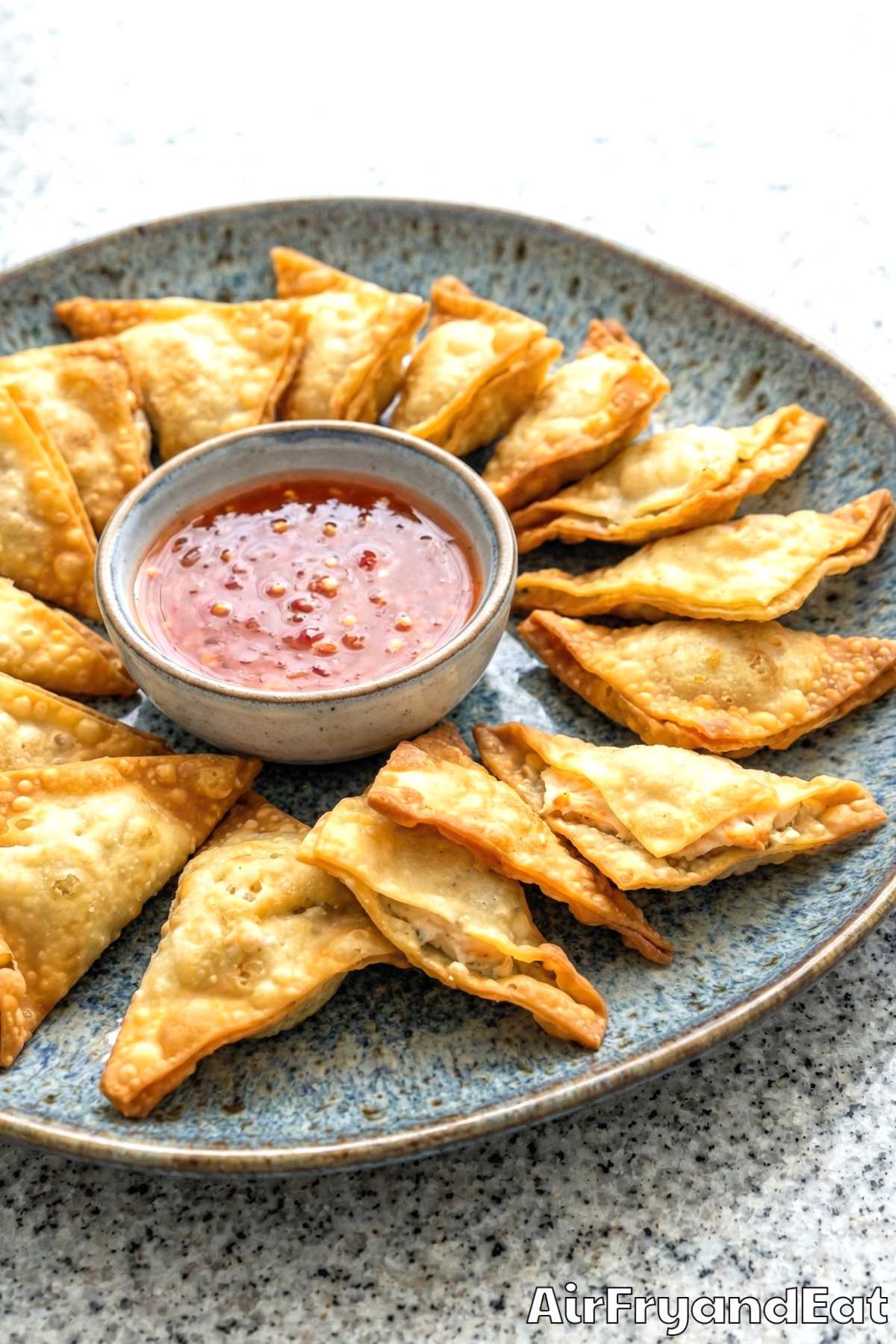 Easy air fryer crab rangoon on a platter