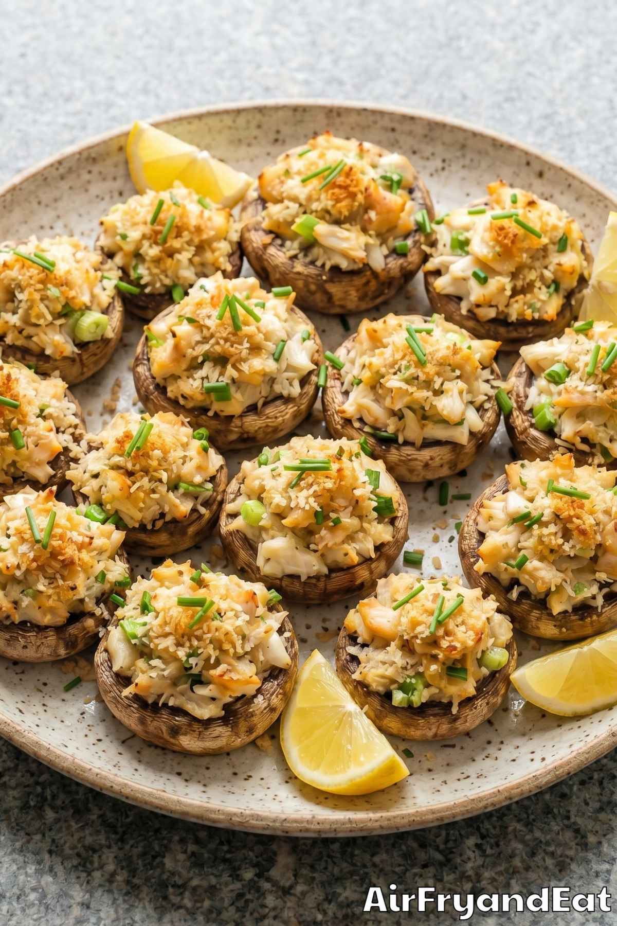 Crispy air fryer crab stuffed mushrooms closeup