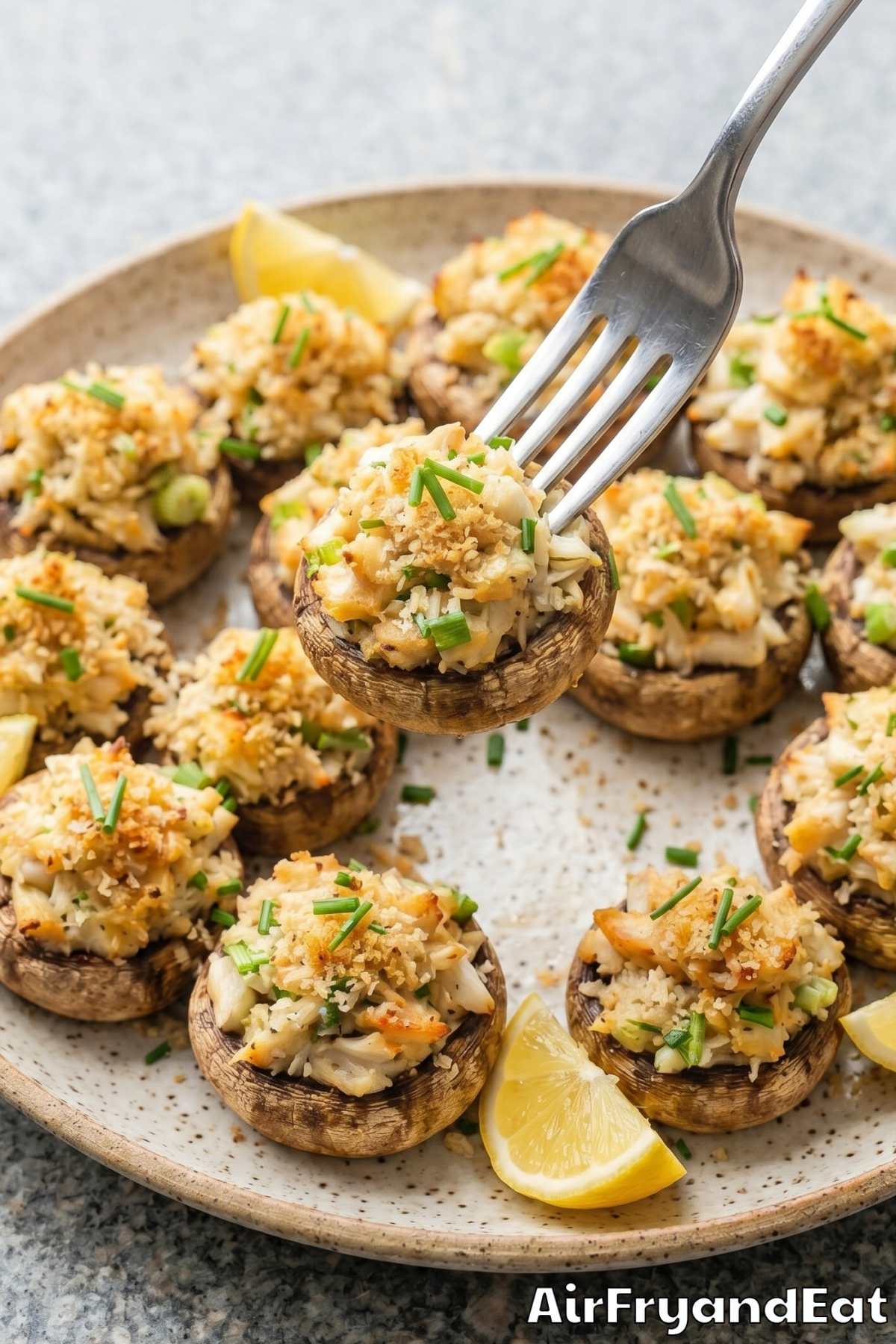 Warm air fryer crab stuffed mushrooms served