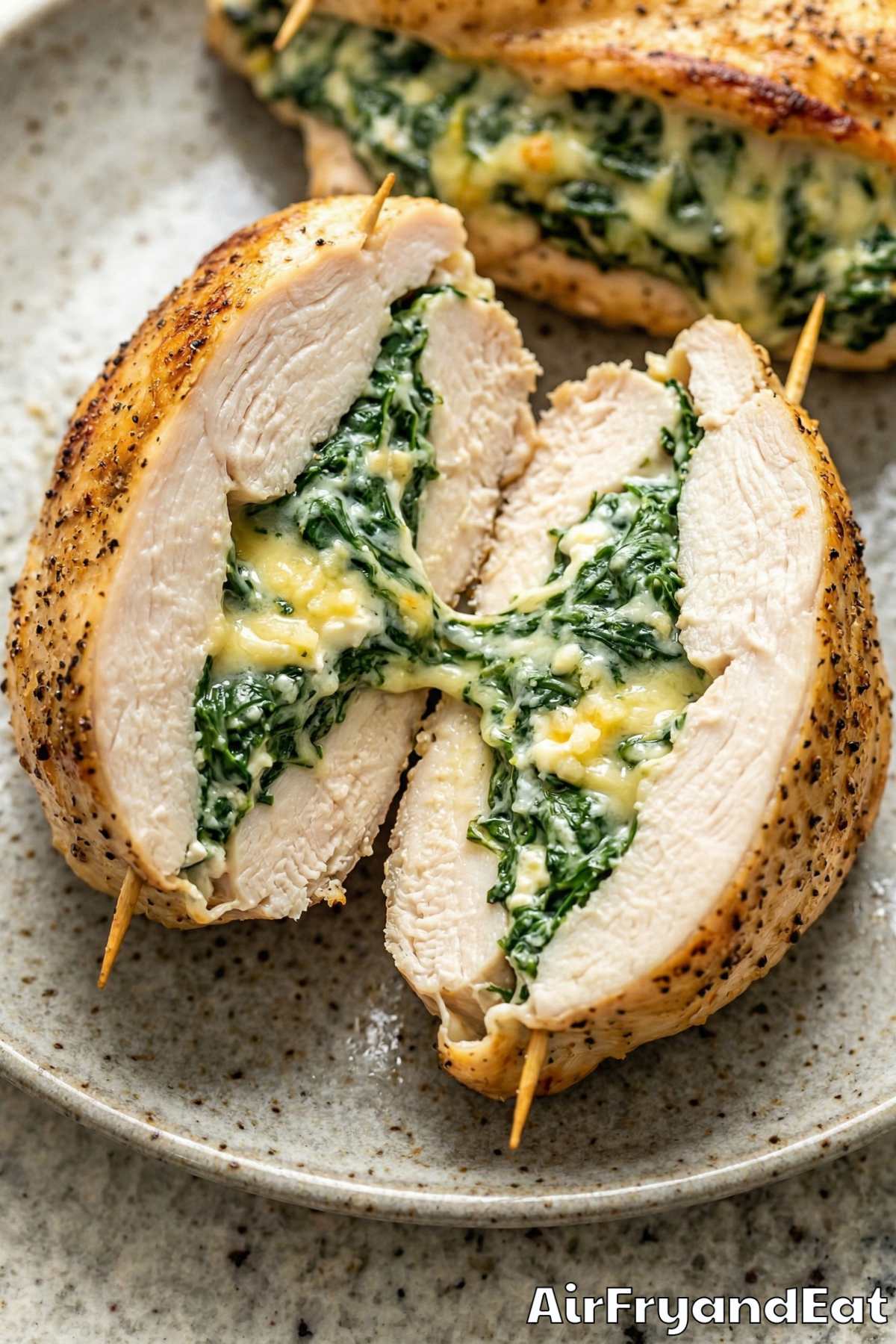 Savory air fryer spinach stuffed chicken sliced