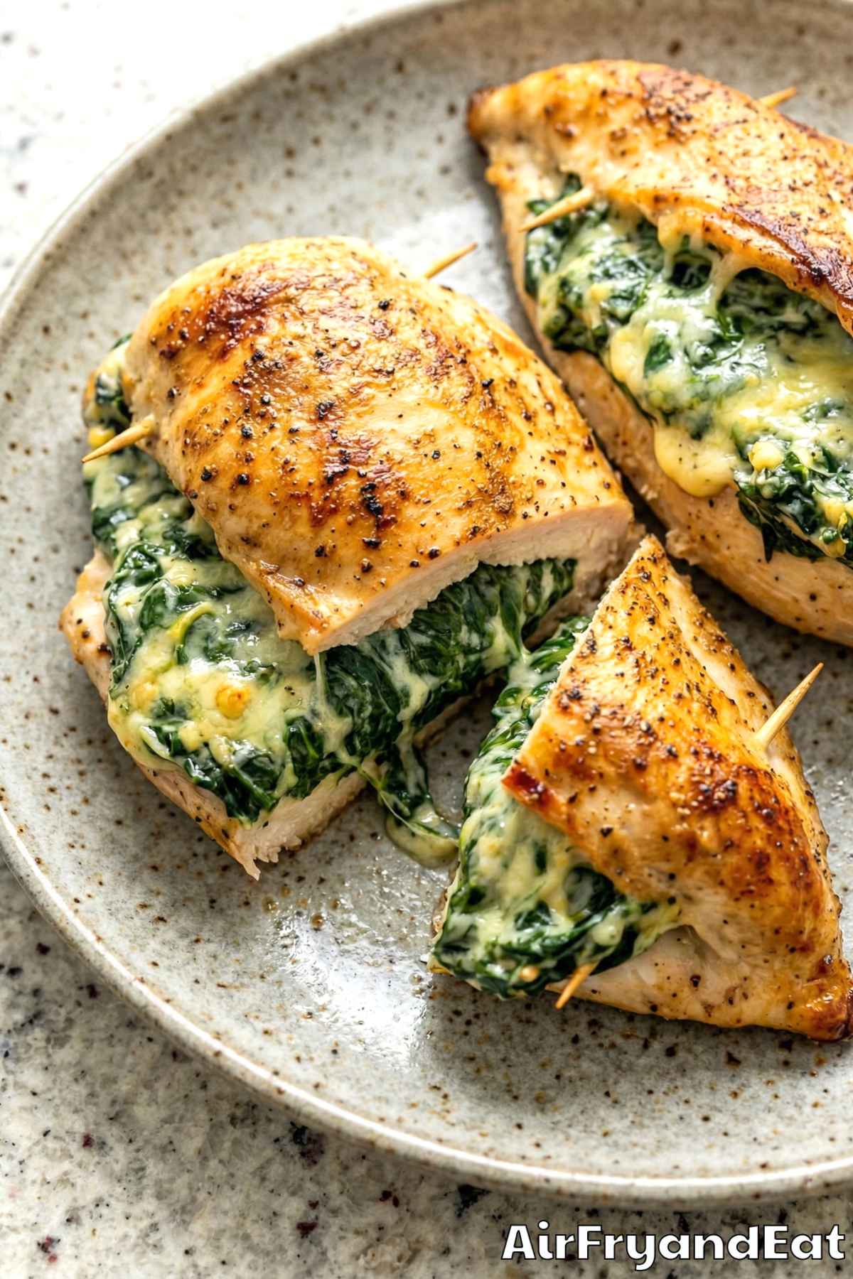 Tender air fryer creamy spinach stuffed chicken