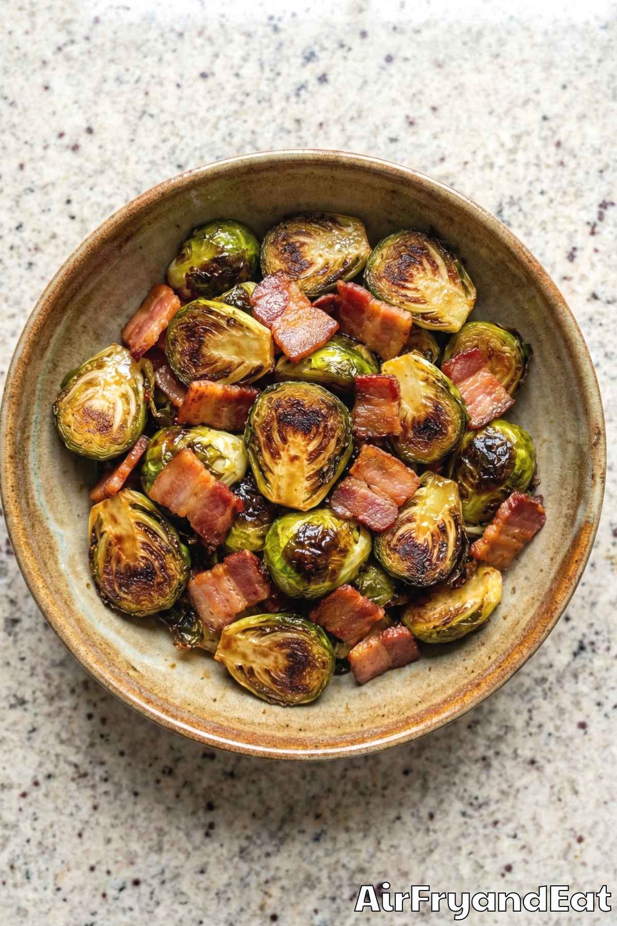 Easy air fryer crispy Brussels sprouts & bacon
