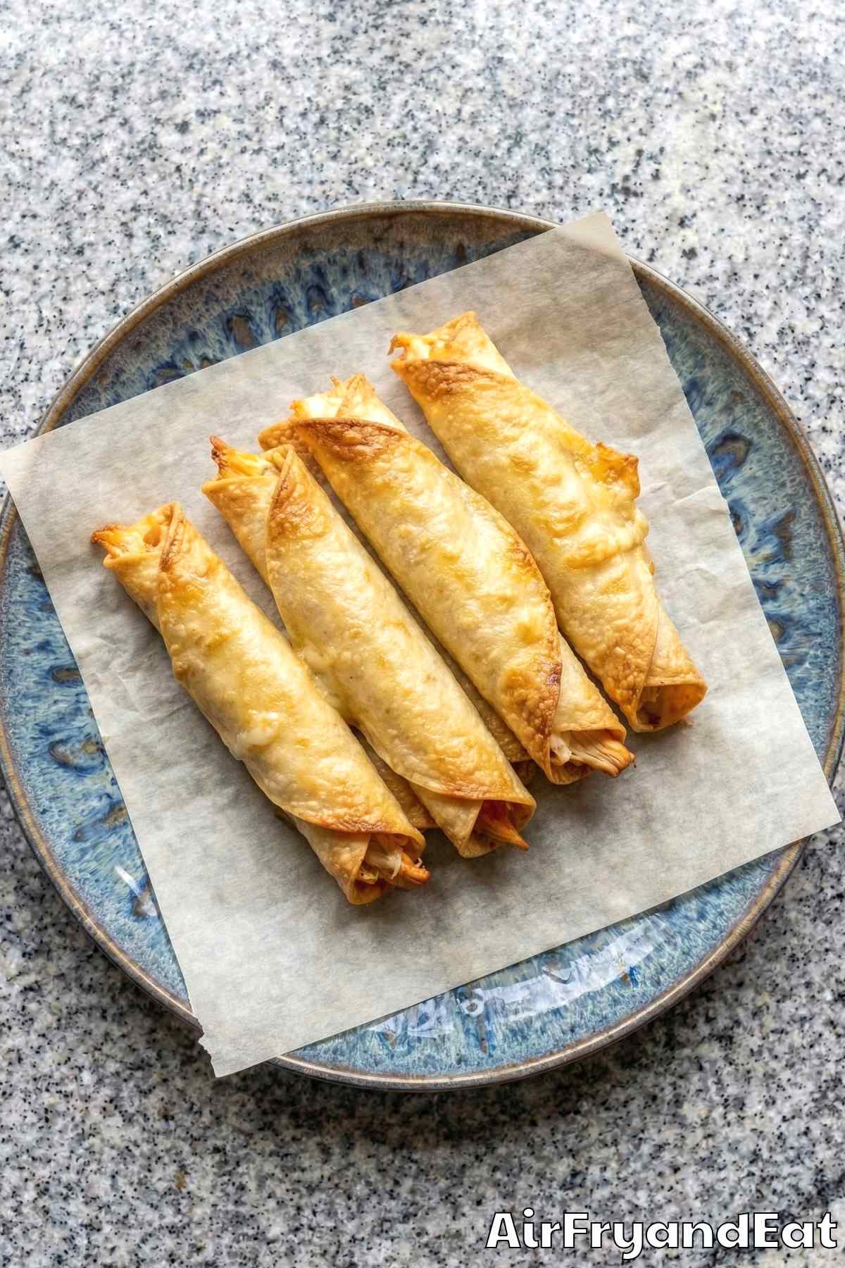 Warm air fryer crispy chicken taquitos served