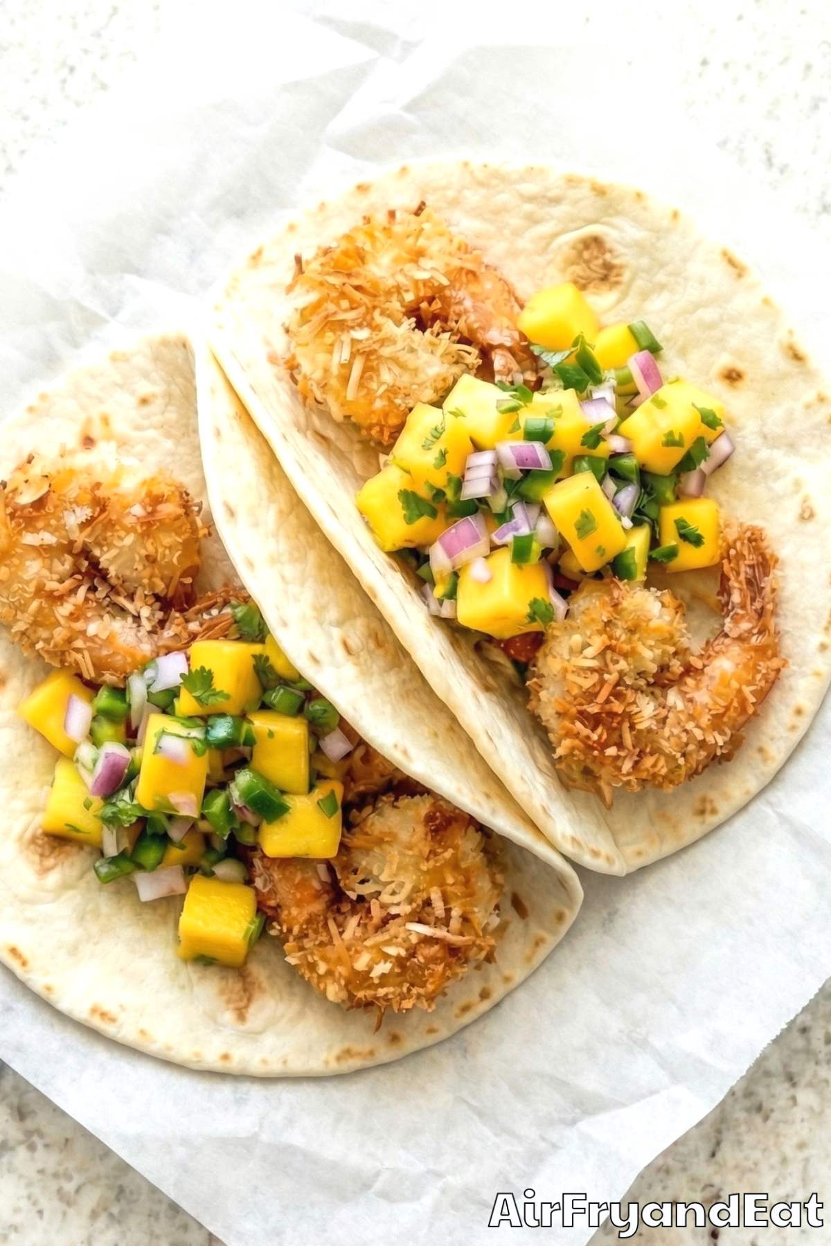 Savory air fryer coconut shrimp tacos plated