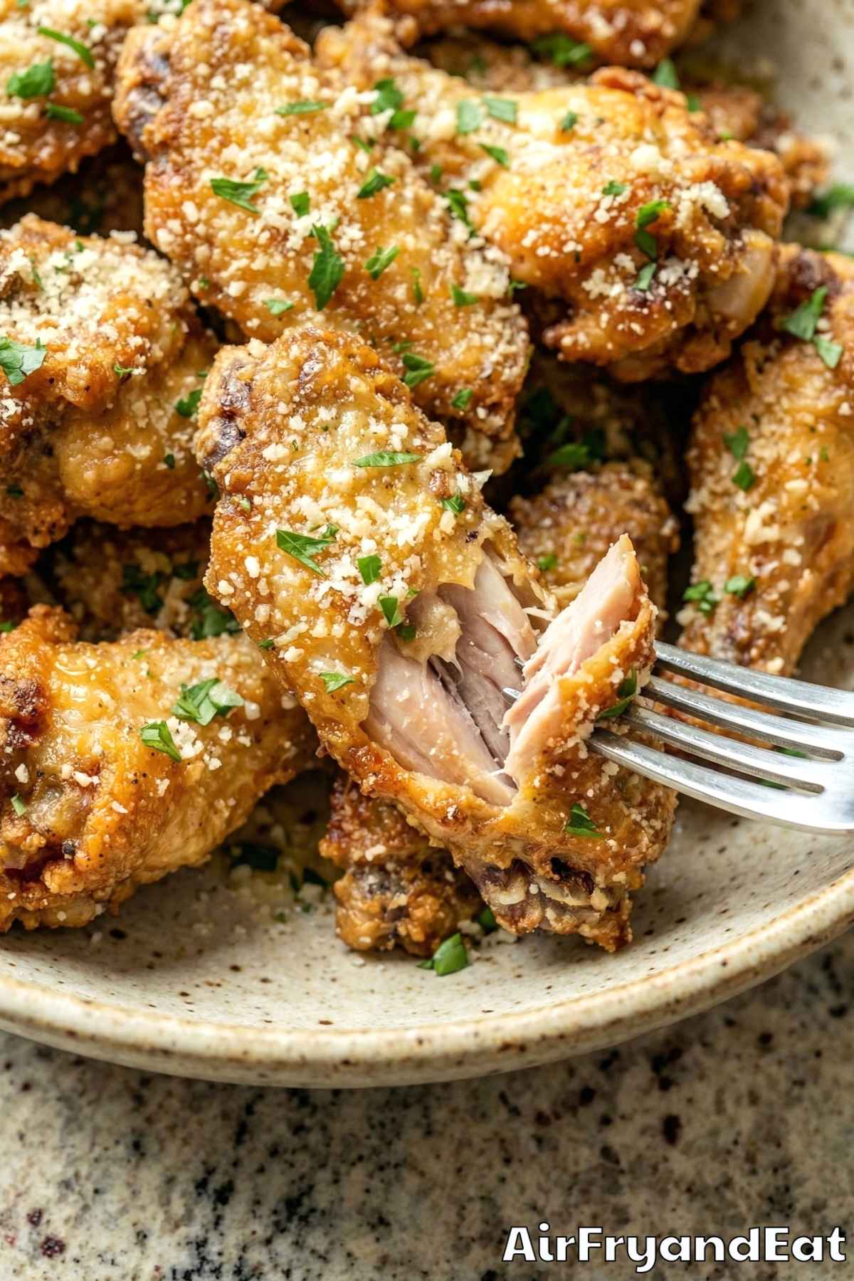 Golden air fryer garlic parmesan wings closeup