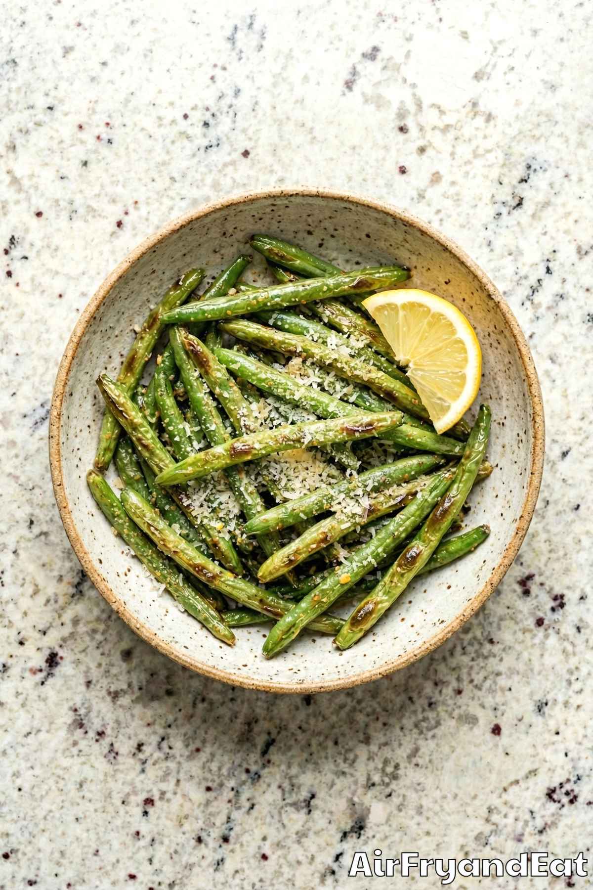 Wholesome air fryer crispy green beans on a tray