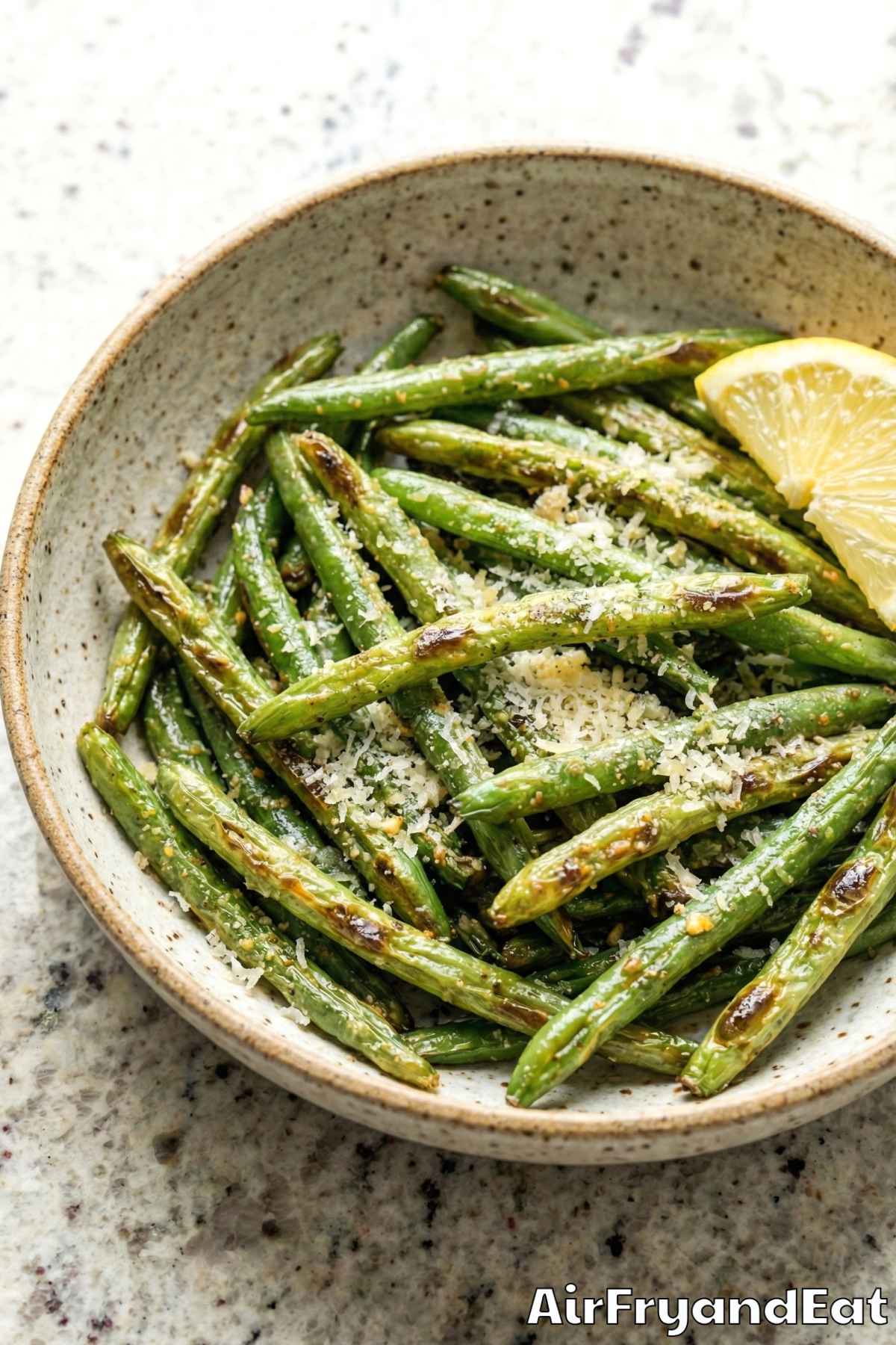 Savory air fryer crispy green beans in a bowl