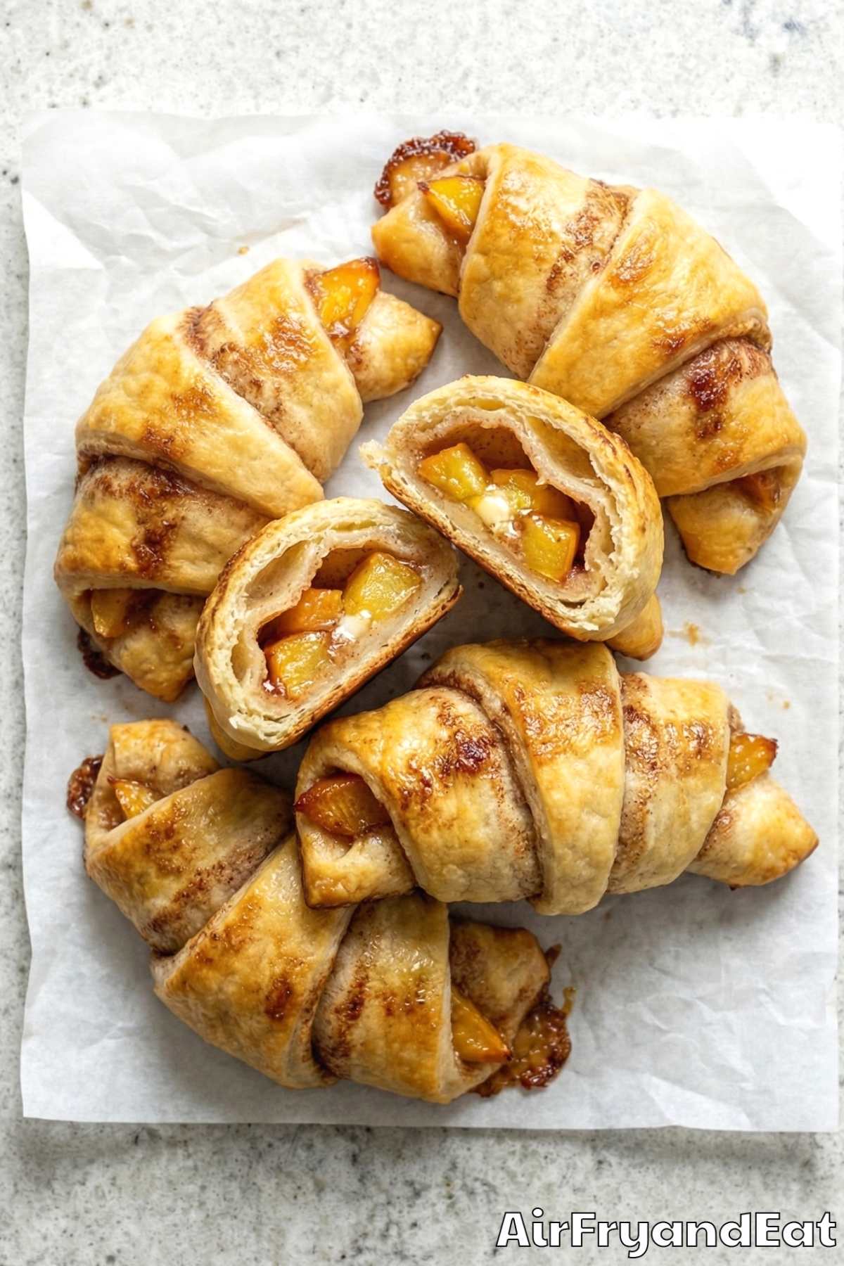 Sweet air fryer peach cobbler rolls closeup