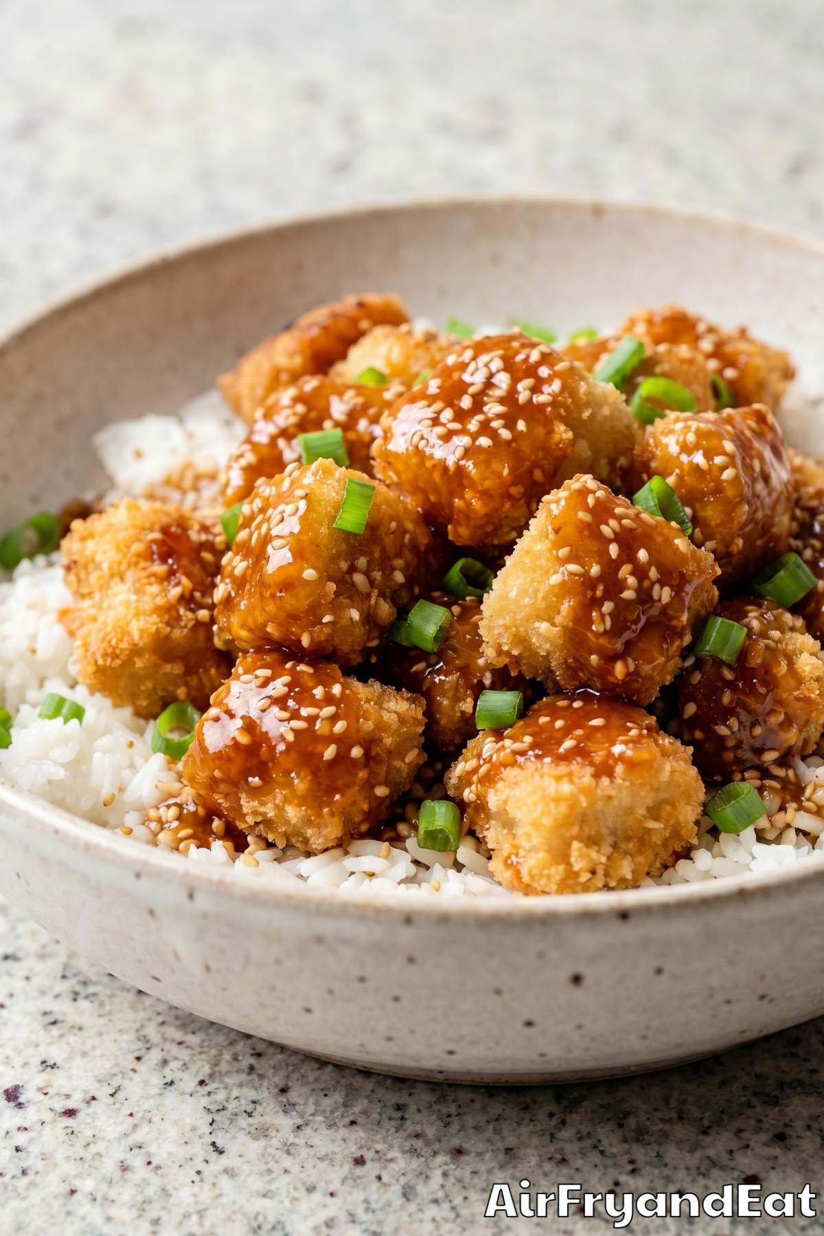 crunchy air fryer sesame chicken close up