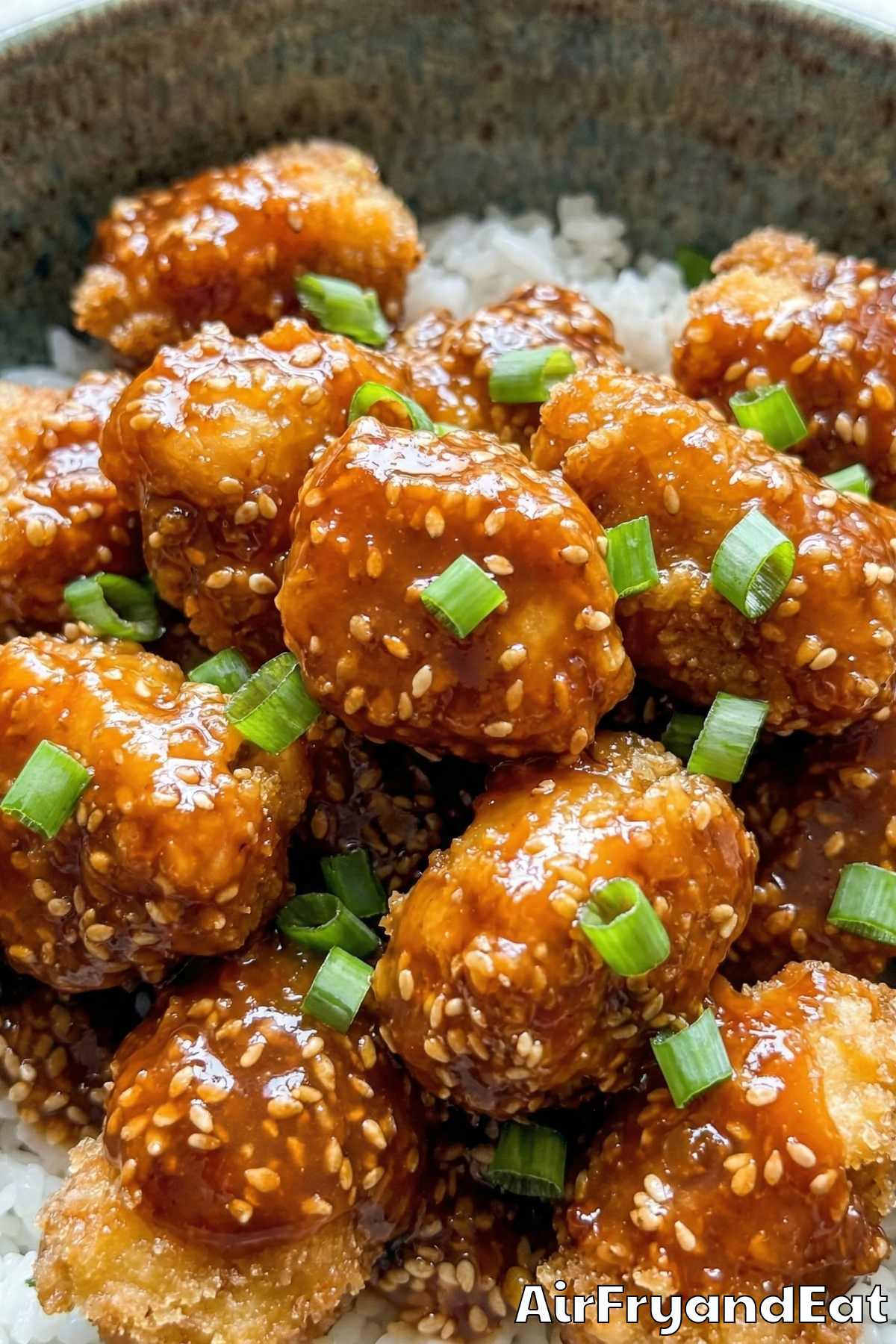 Homemade air fryer sesame chicken close-up